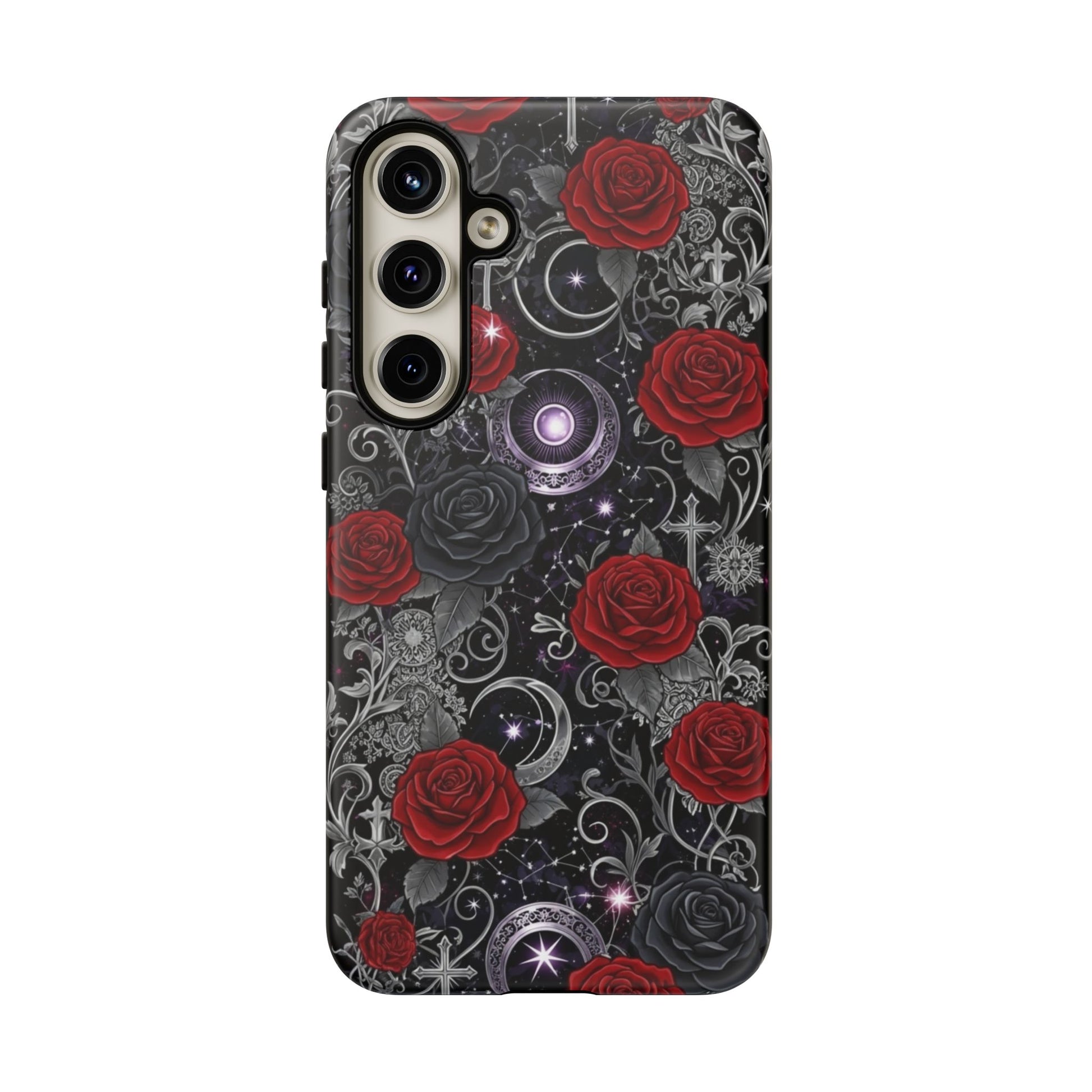 The Dark Gothic Red Roses Matte Tough Phone Case by Printify features a black and gray background with red roses, silver gothic patterns, crescent moons, stars, crosses, and purple orbs—ideal for fans of gothic aesthetics.