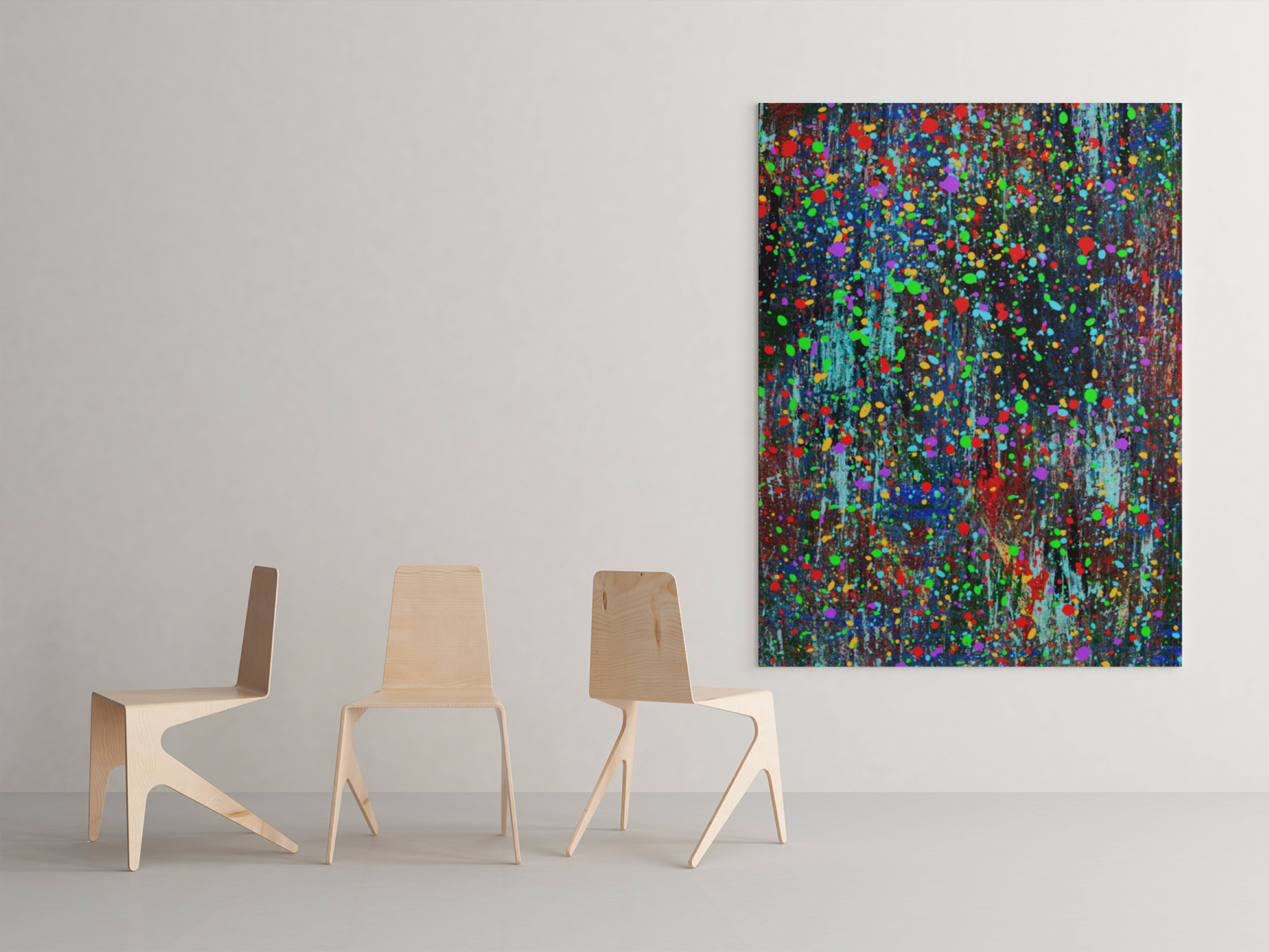Three modern wooden chairs face a large Abstract Drip Painting on an eco-friendly matte canvas by Printify, showcasing vibrant blues, greens, reds, and yellows in dynamic dots and streaks for a lively composition.