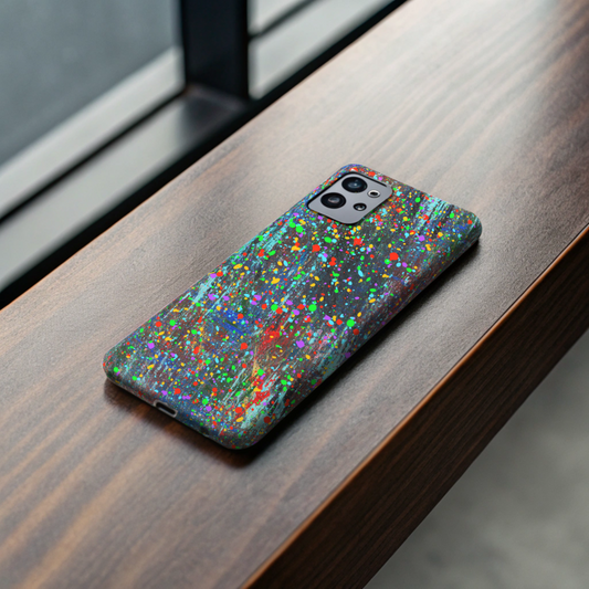 Printify colorful abstract drip paint phone case on wooden windowsill showing vibrant multicolor splatter design