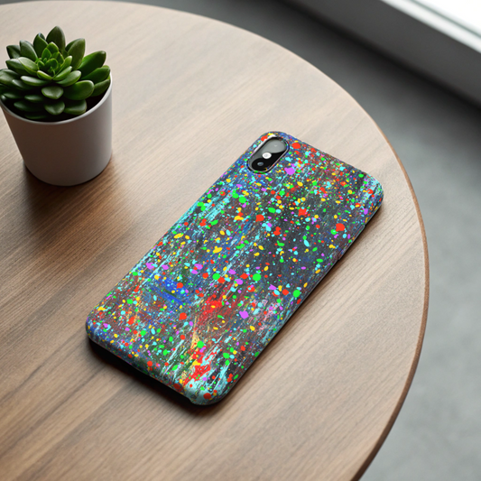 Printify colorful abstract drip paint phone case with multicolor splatter design on slim protective iPhone cover