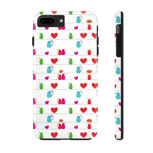 Printify phone case featuring whimsical cat print phone cover pattern of colorful cartoon cats and red hearts on white background