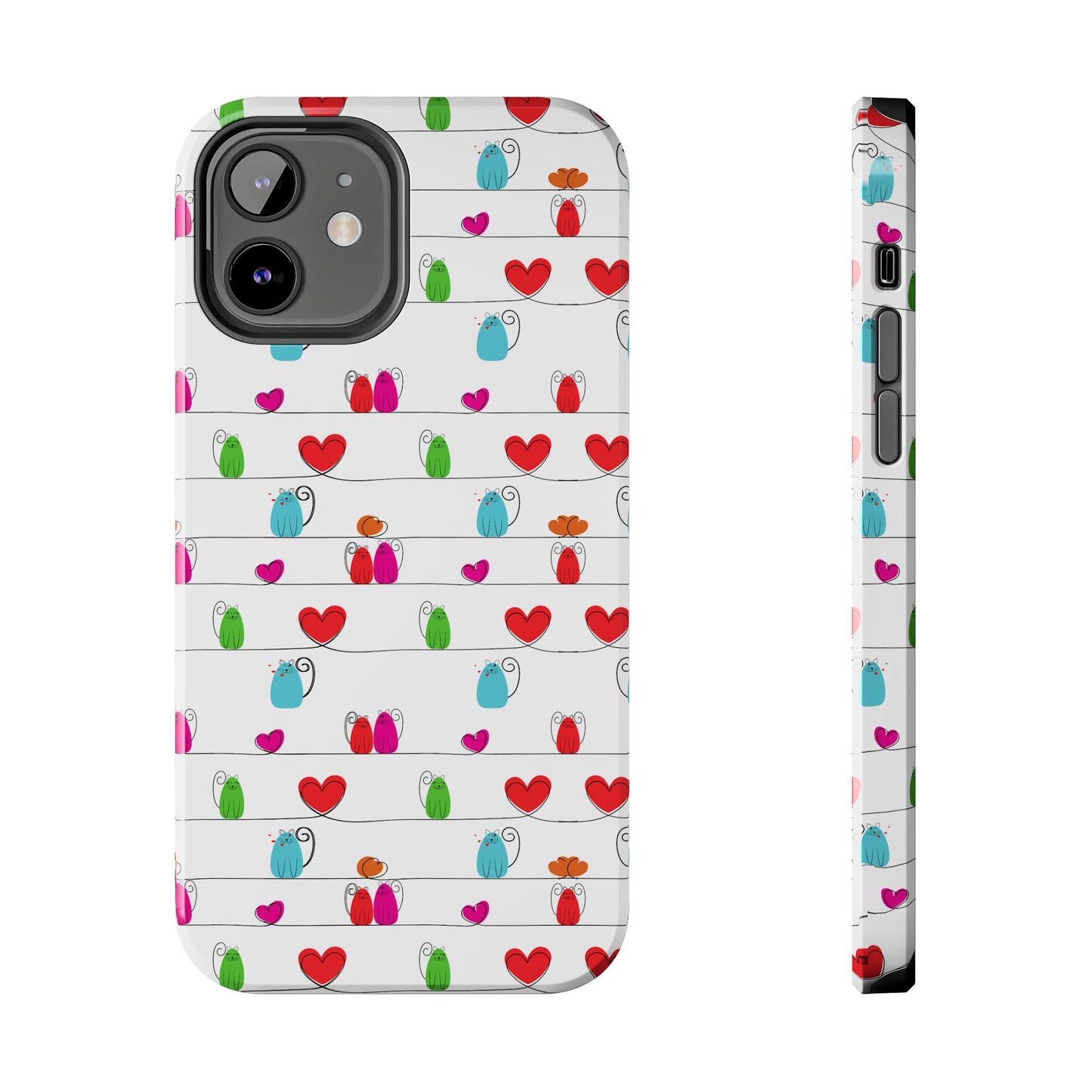 Printify phone case featuring whimsical cat print phone cover with colorful cats and hearts on white stripes