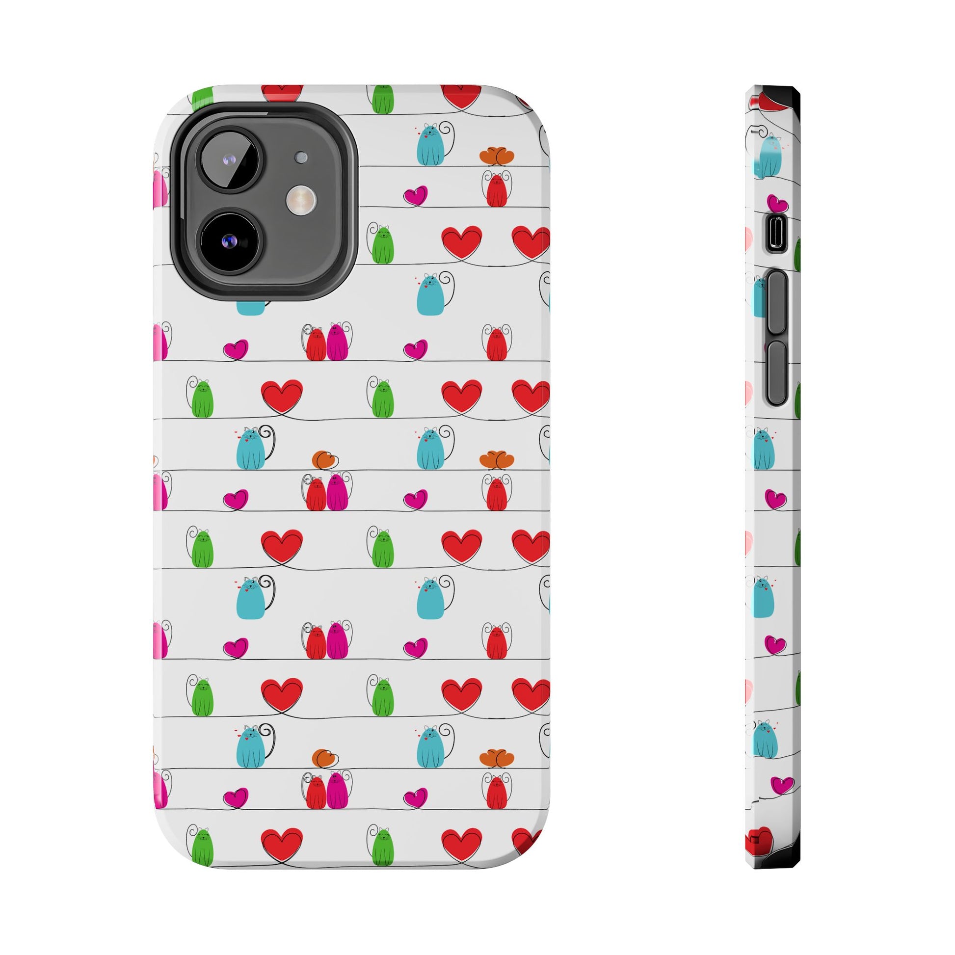Printify phone case featuring whimsical cat print phone cover with colorful cats and hearts on white stripes