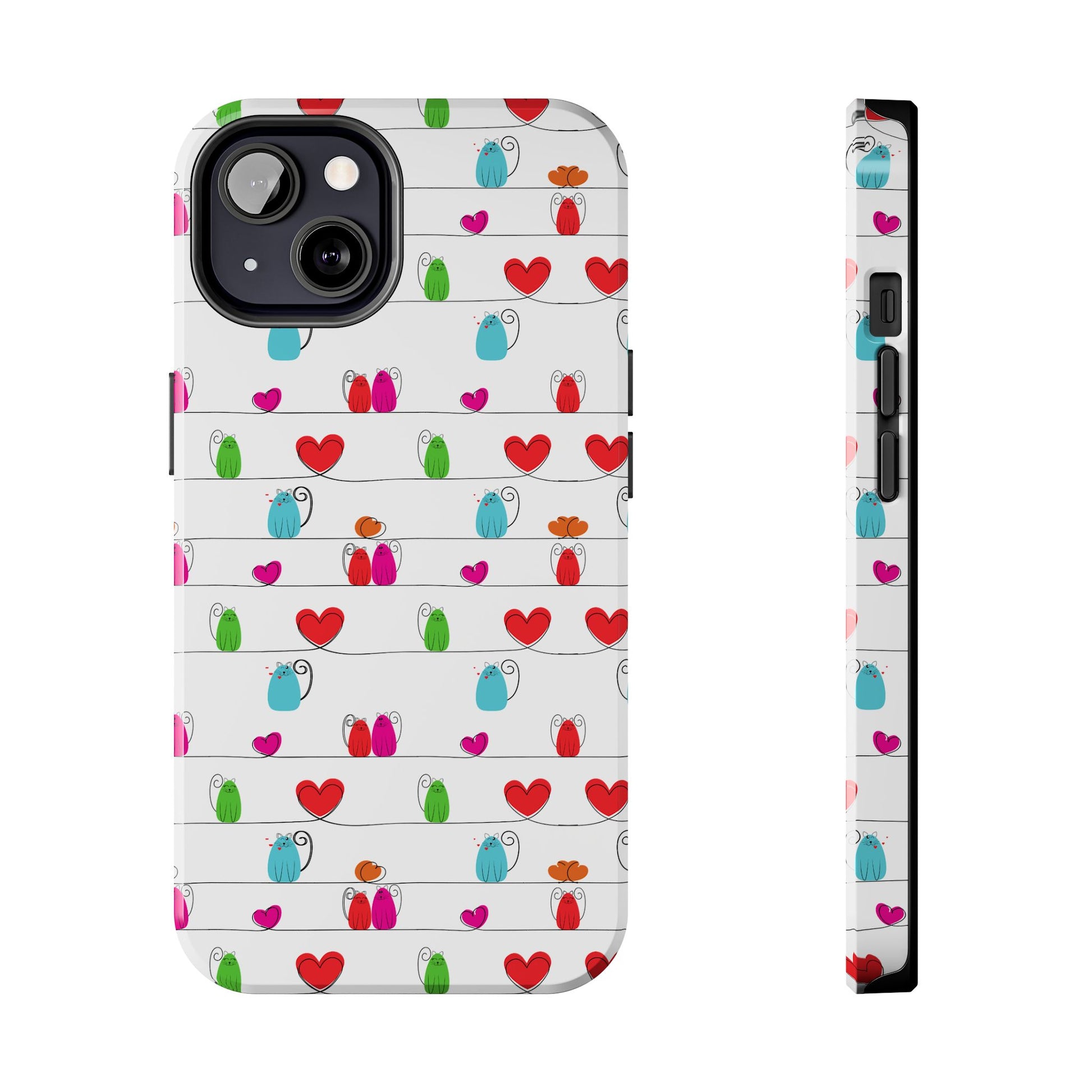 Printify phone case featuring whimsical cat print phone cover with colorful cartoon cats and hearts on white background