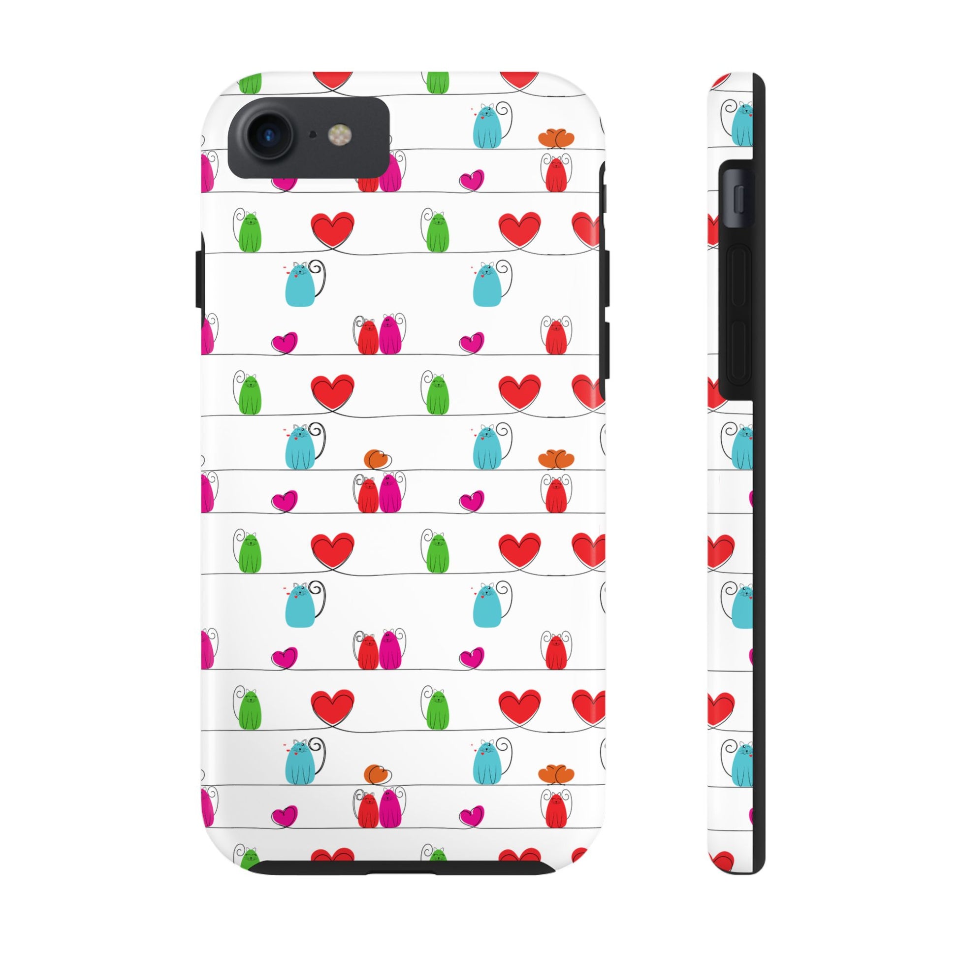 Printify white protective phone case with whimsical cat print phone cover showing colorful cartoon cats and hearts on wire lines