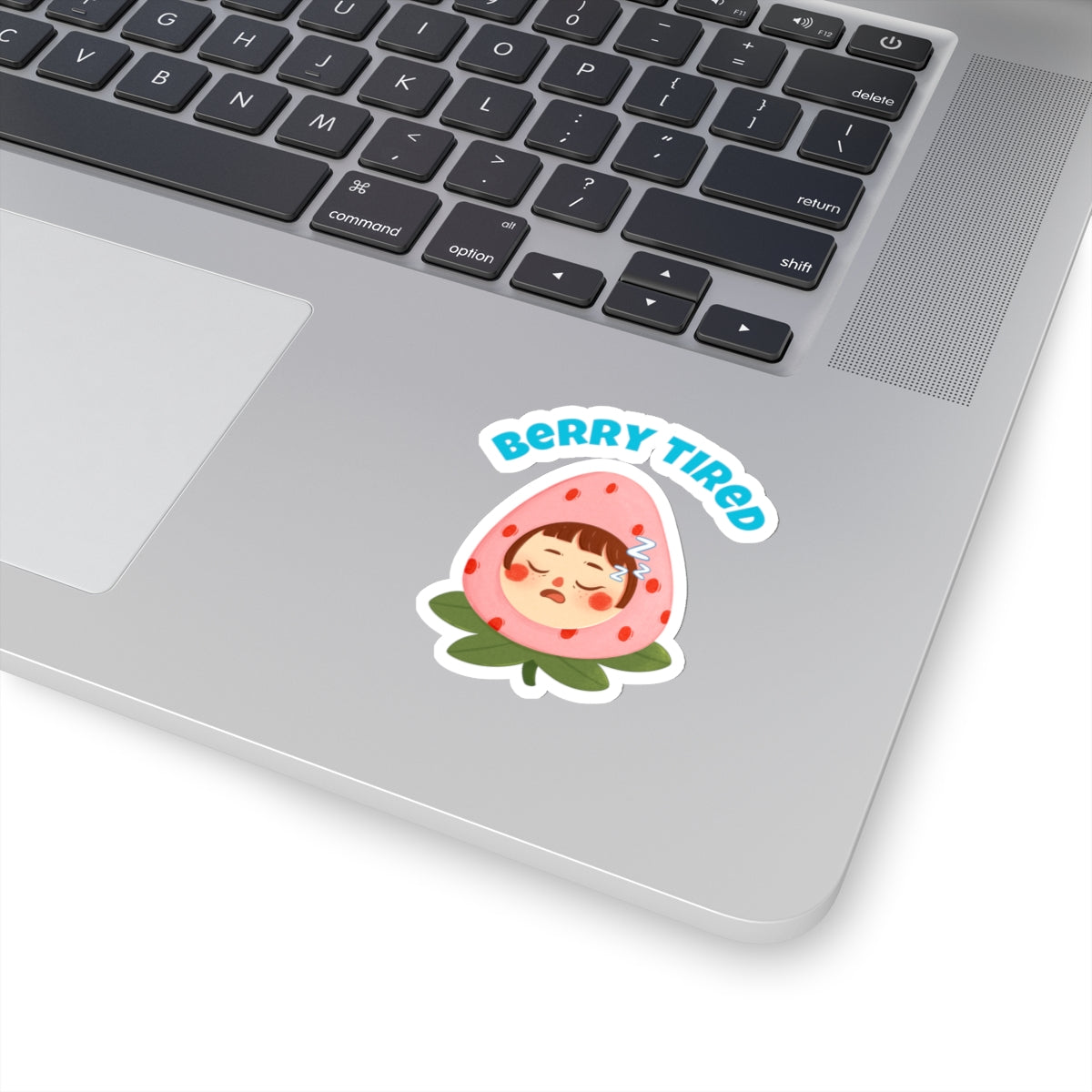 Printify berry tired vinyl sticker showing a sleepy character inside a strawberry on a laptop