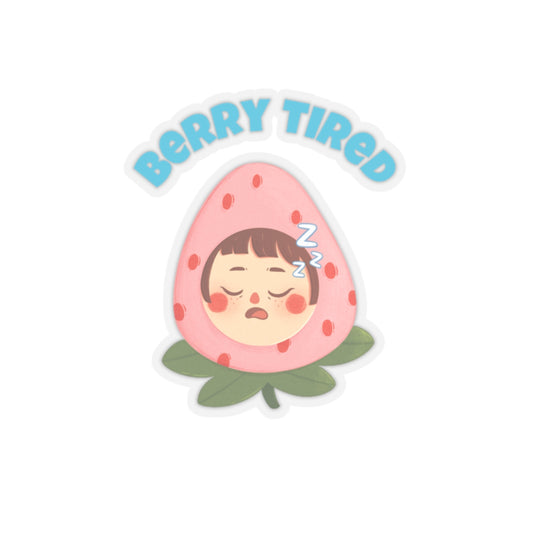 Printify berry tired vinyl sticker featuring a sleepy face inside a strawberry costume with blue text