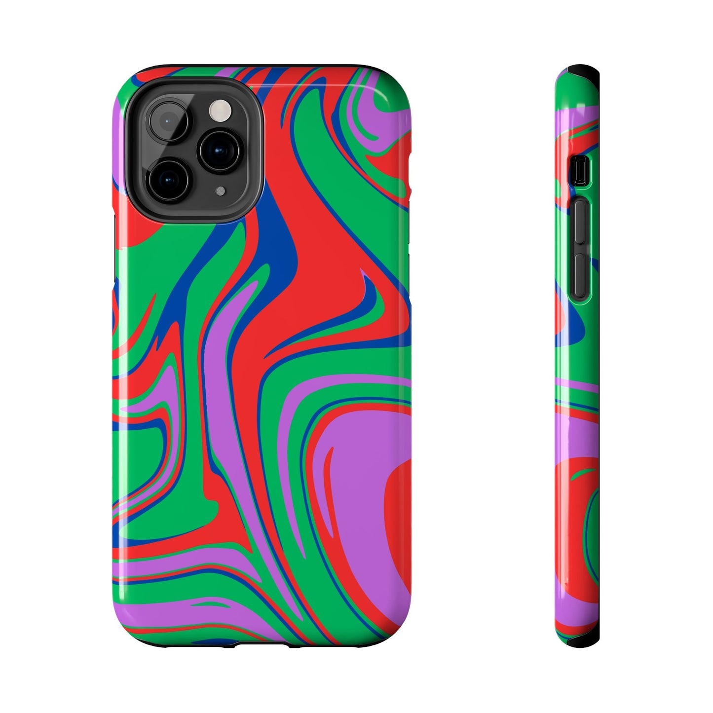 Printify colorful zebra print phone case with abstract red green purple and blue swirls for iPhone