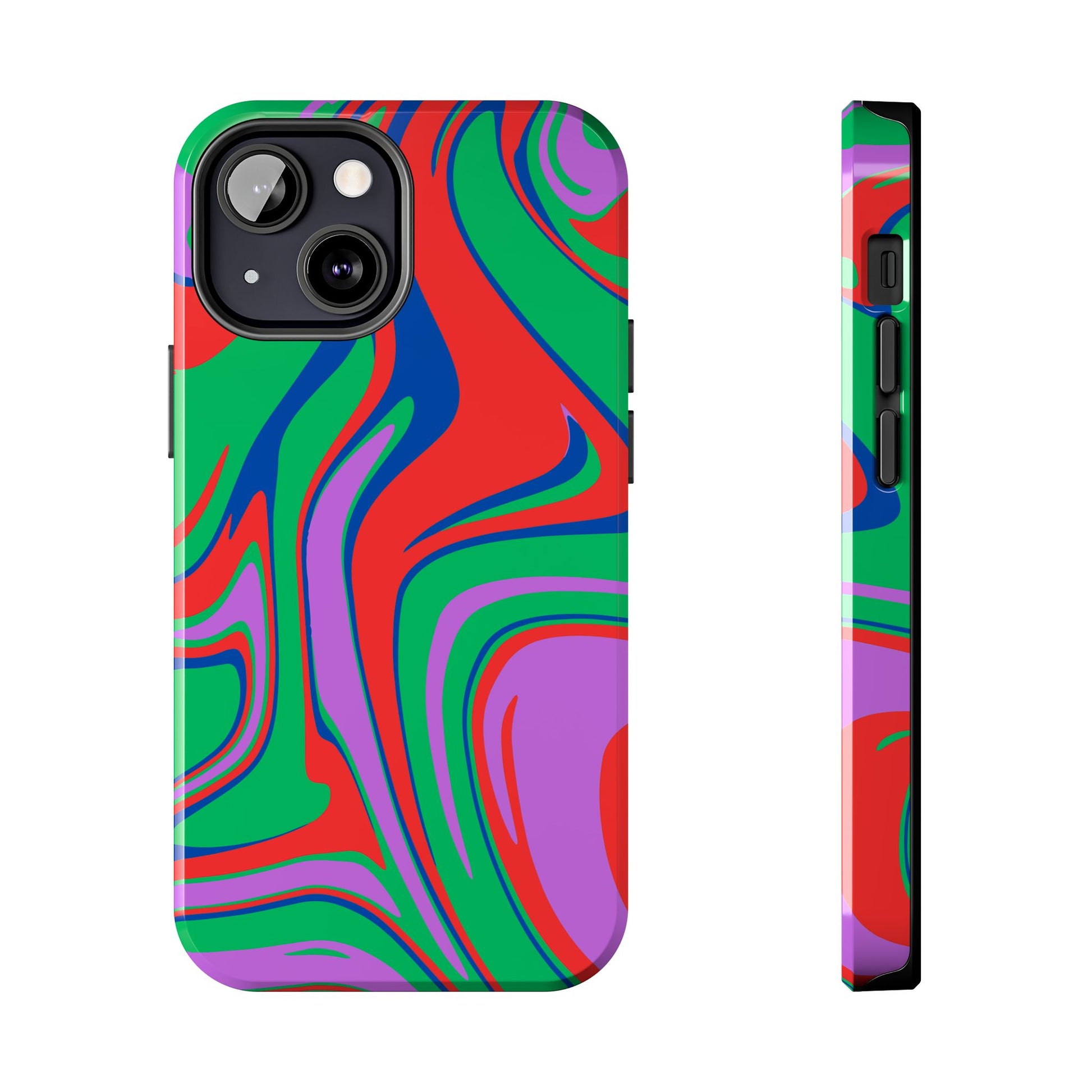 Printify colorful zebra print phone case with vibrant green red purple and blue abstract swirls design