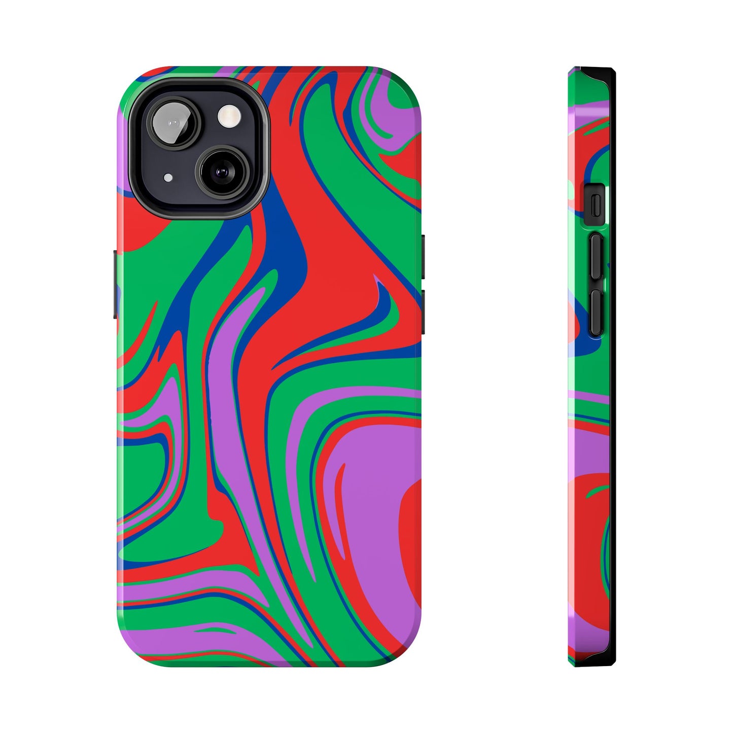 Printify colorful zebra print phone case with abstract red green blue and purple swirl design