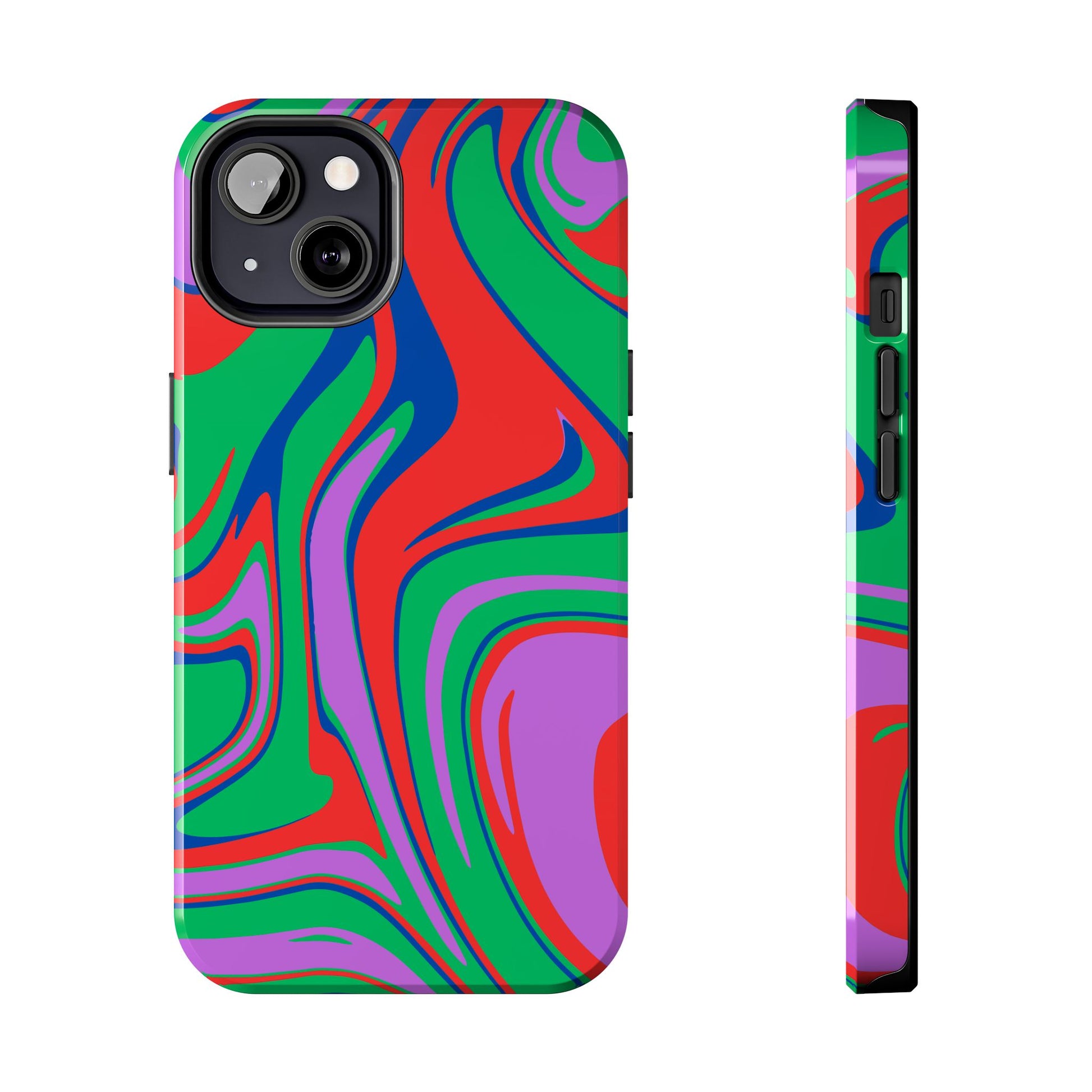 Printify colorful zebra print phone case with abstract red green blue and purple swirl design