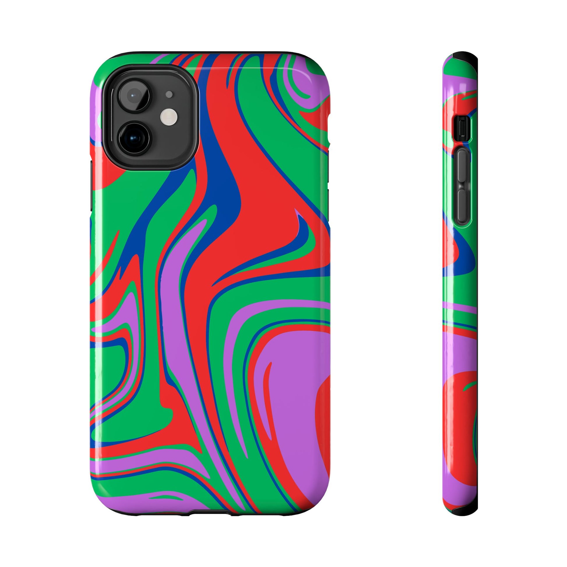 Printify colorful zebra print phone case with vibrant red, green, blue, and purple abstract stripes