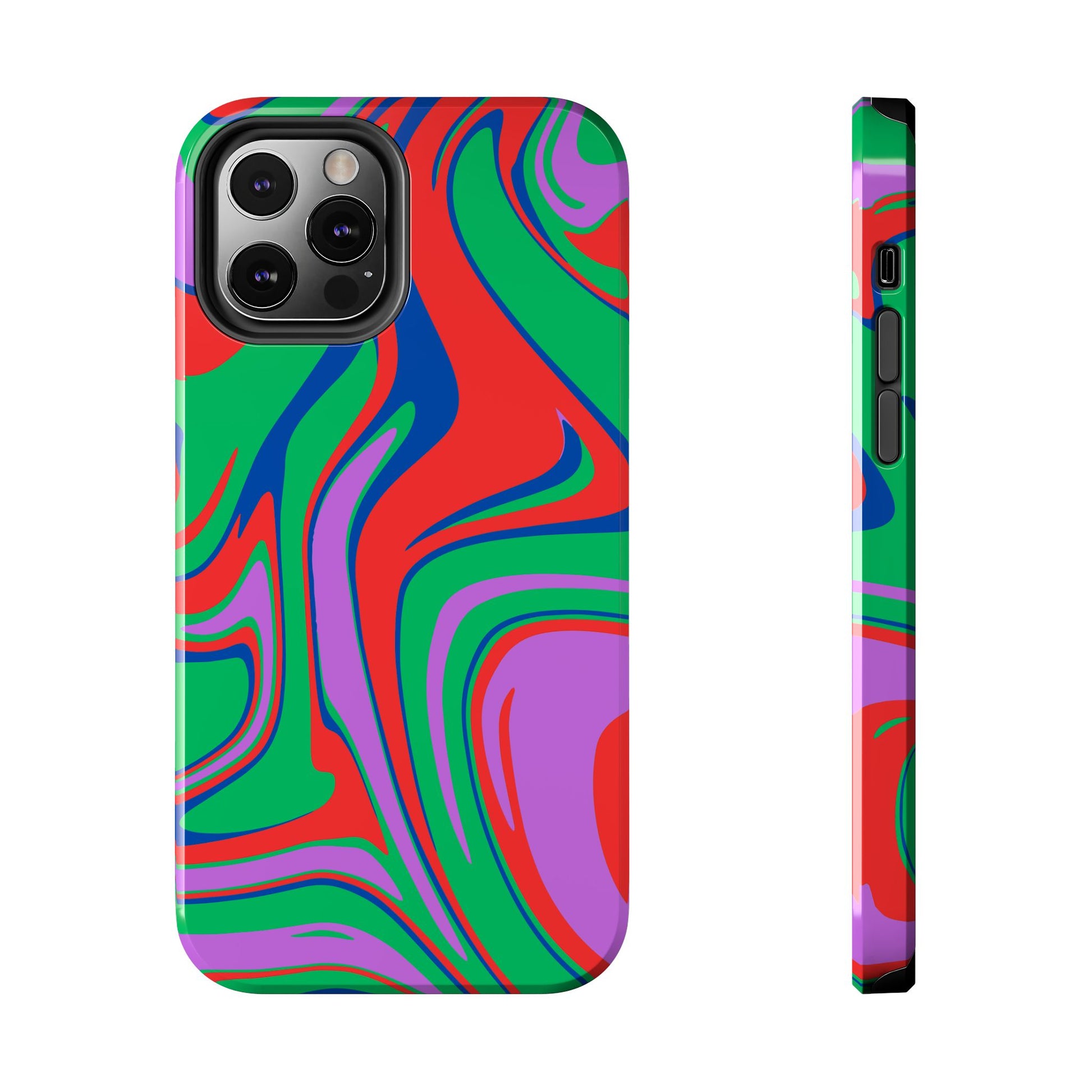 Colorful zebra print phone case by Printify with vibrant red green blue and purple swirls for iPhone