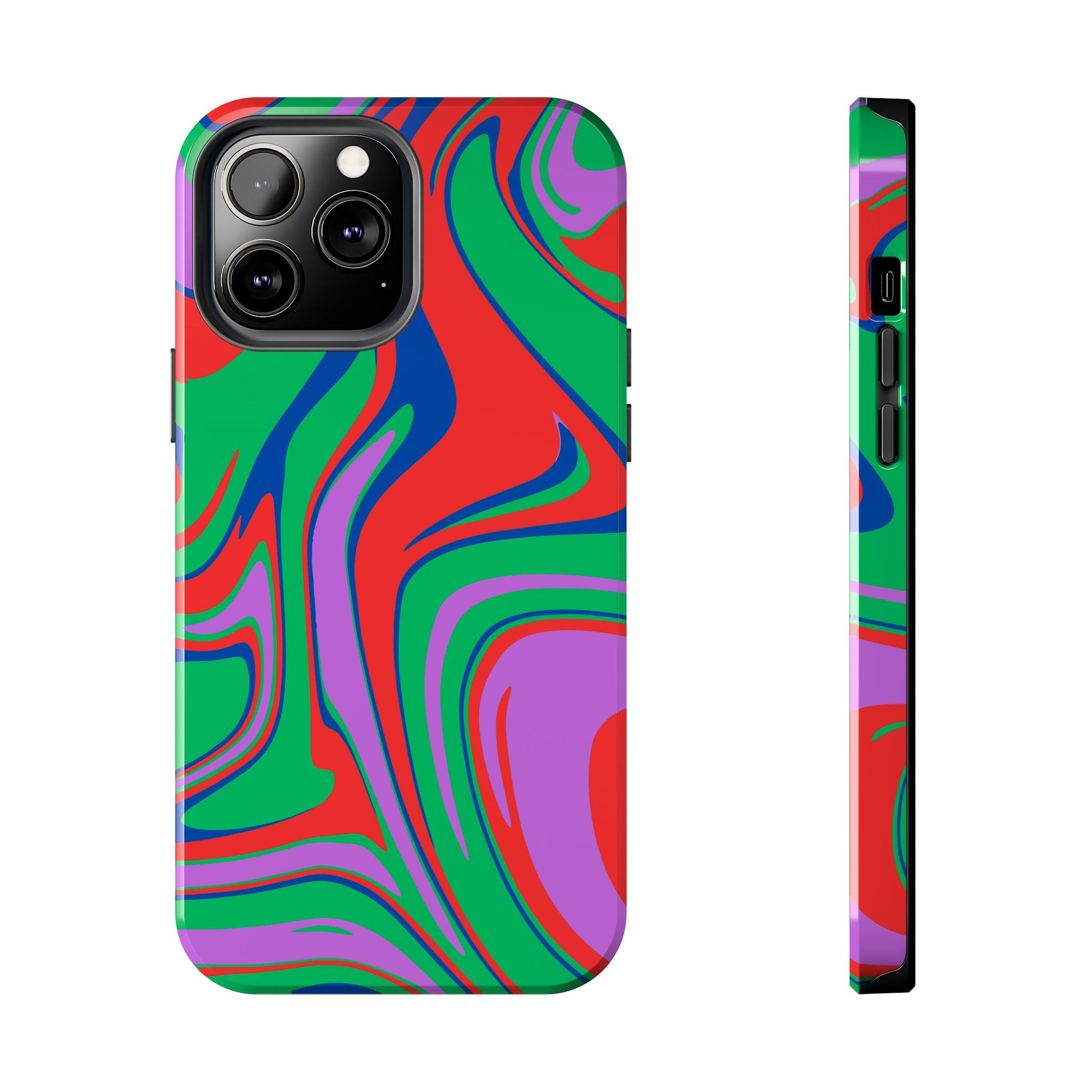 Printify colorful zebra print phone case with vibrant red green purple and blue abstract swirl design