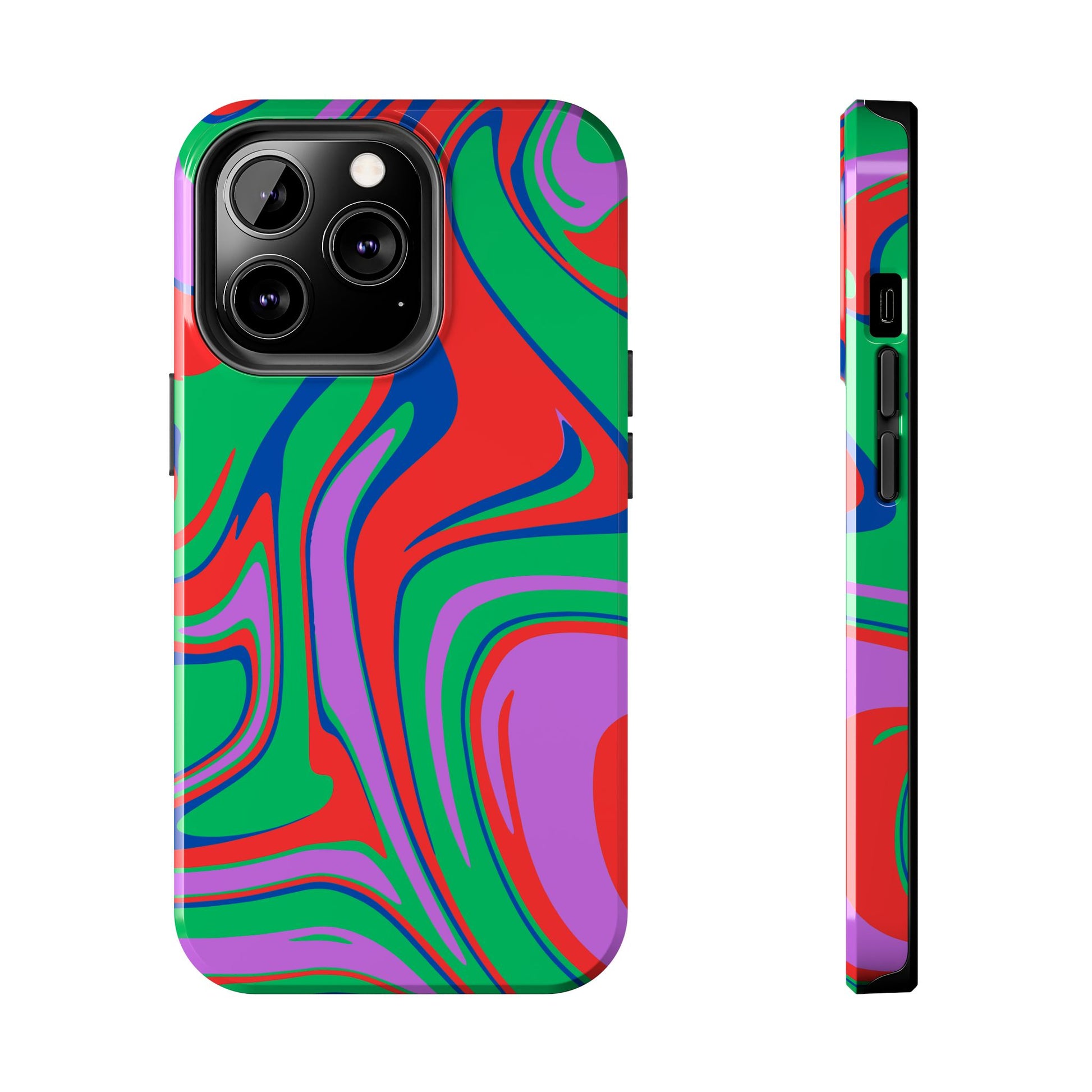 Printify colorful zebra print phone case with abstract red green purple and blue swirls design