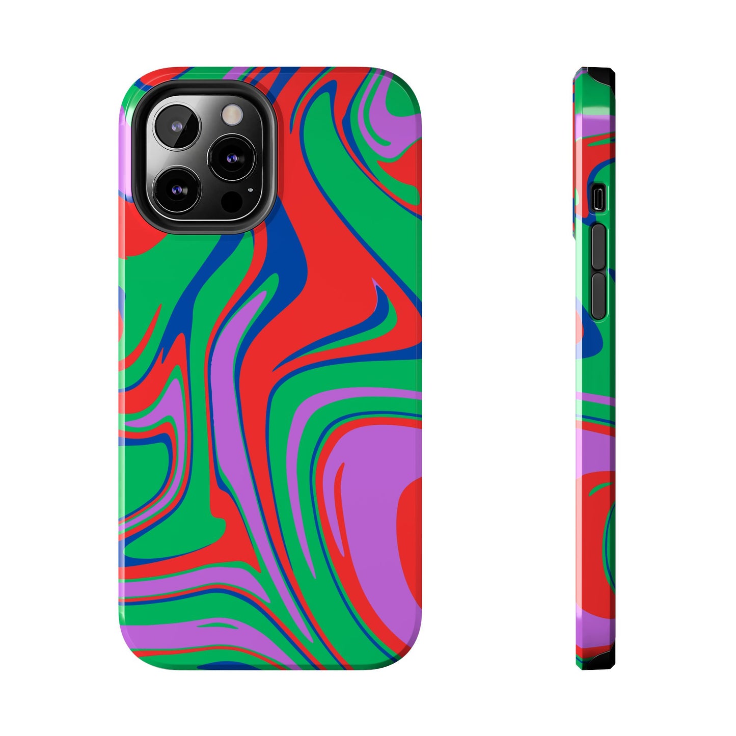 Colorful zebra print phone case by Printify with vibrant red green purple and blue swirls design