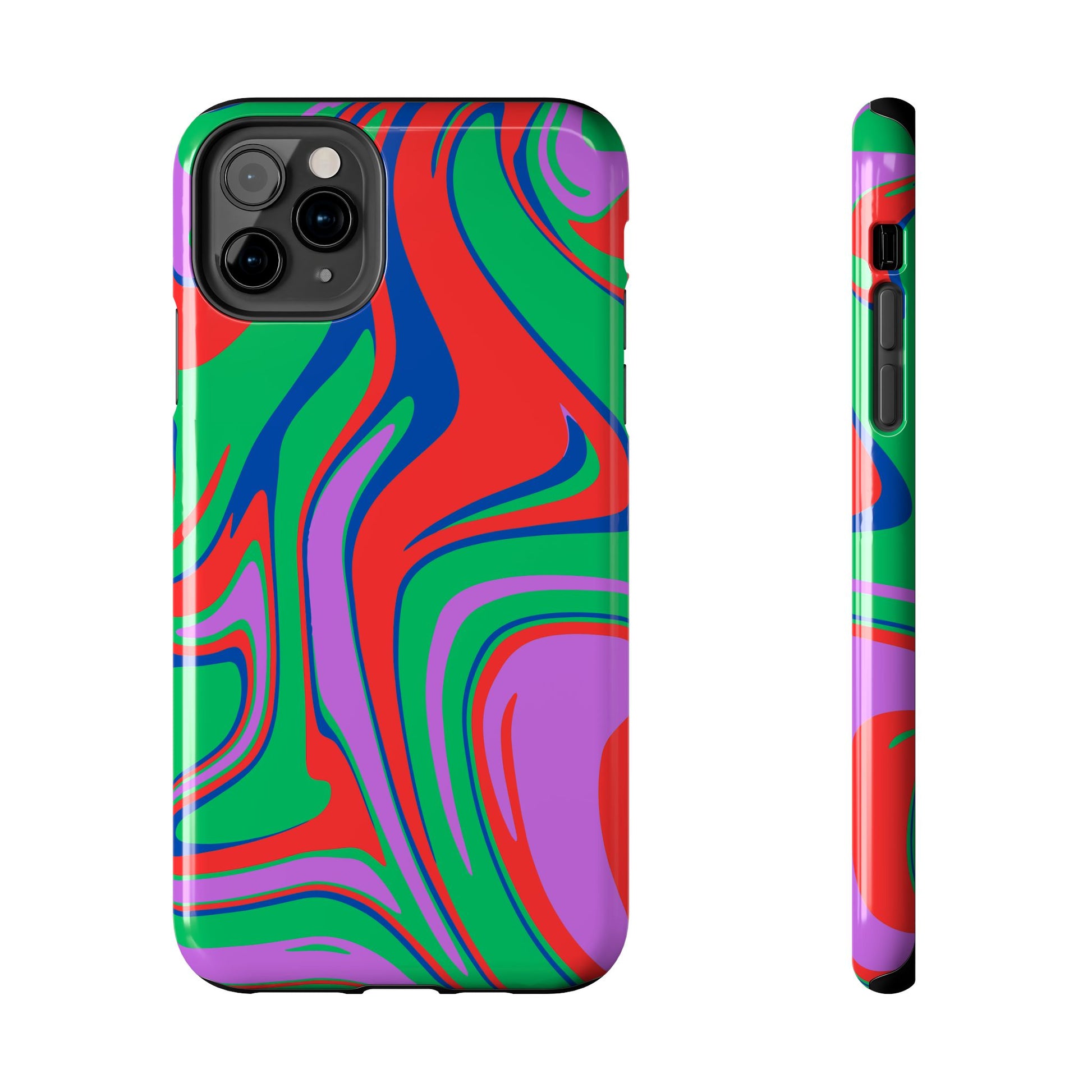 Printify colorful zebra print phone case with vibrant green red purple and blue swirls for iPhone