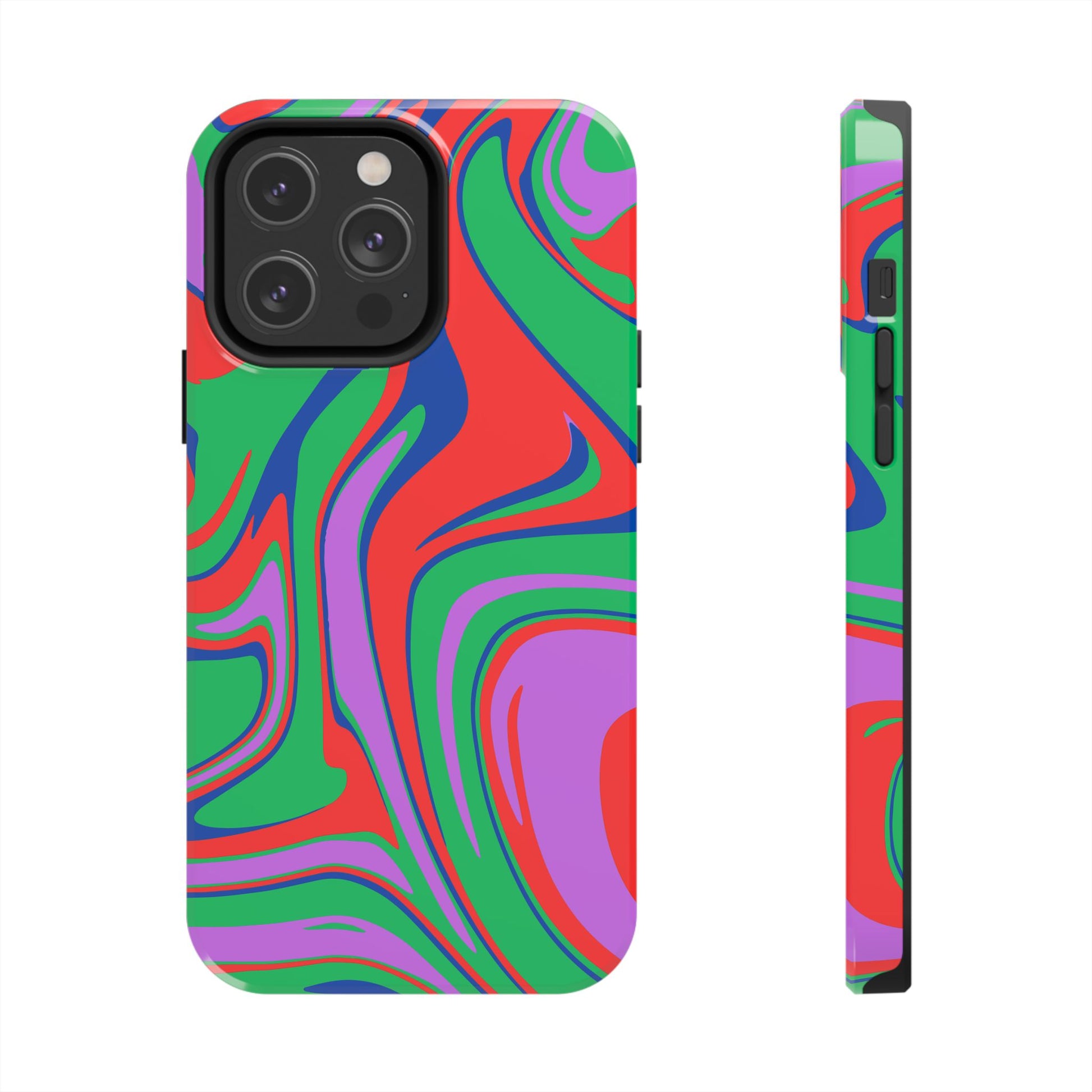 Printify colorful zebra print phone case with vibrant green red purple swirl design for iPhone