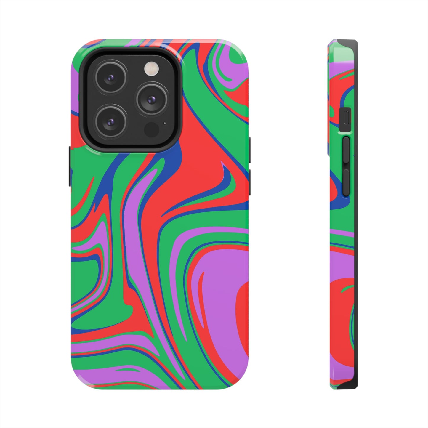 Printify colorful zebra print phone case with abstract green red purple swirls for iPhone