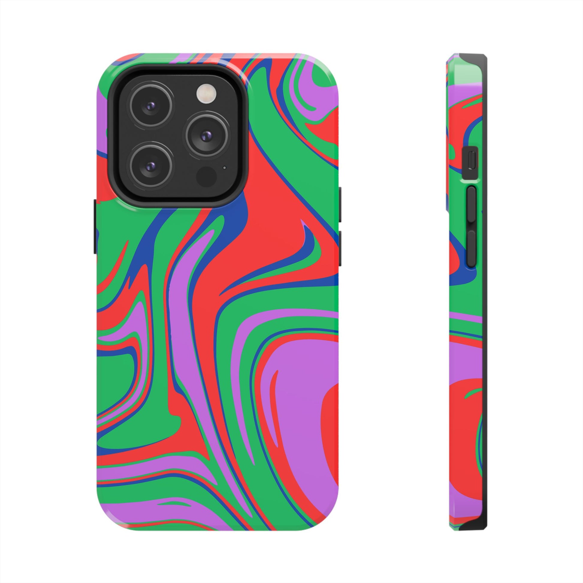 Printify colorful zebra print phone case with abstract green red purple swirls for iPhone