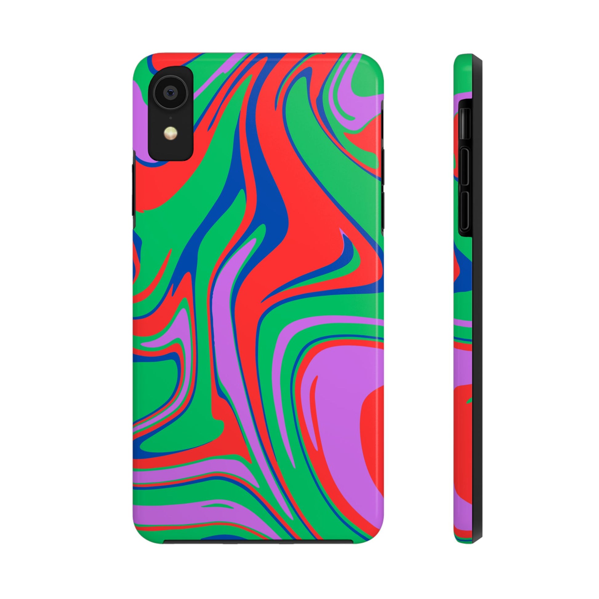 Printify colorful zebra print phone case with abstract green red purple and blue swirls design