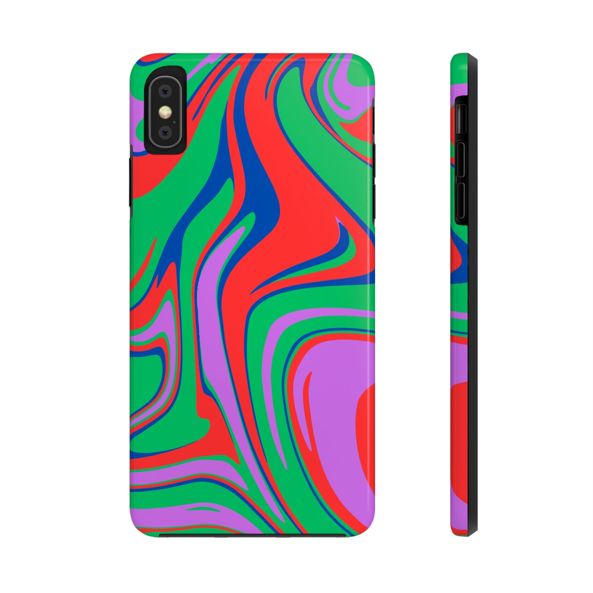 Printify colorful zebra print phone case with vibrant red green blue and purple swirl design
