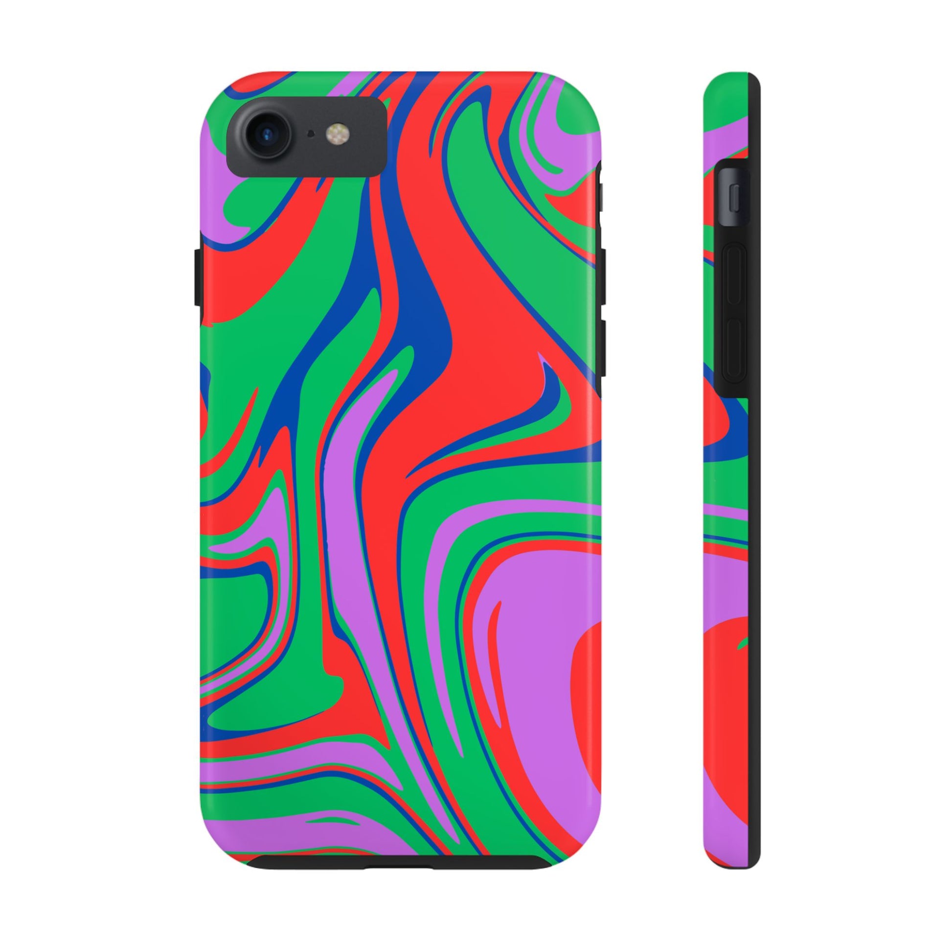 Colorful zebra print phone case with vibrant red, green, purple, and blue swirl design by Printify
