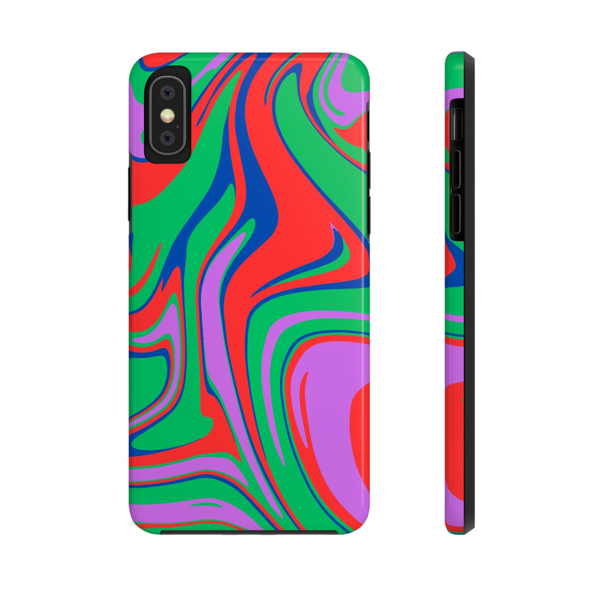 Printify colorful zebra print phone case with vibrant green, red, blue, and purple abstract design
