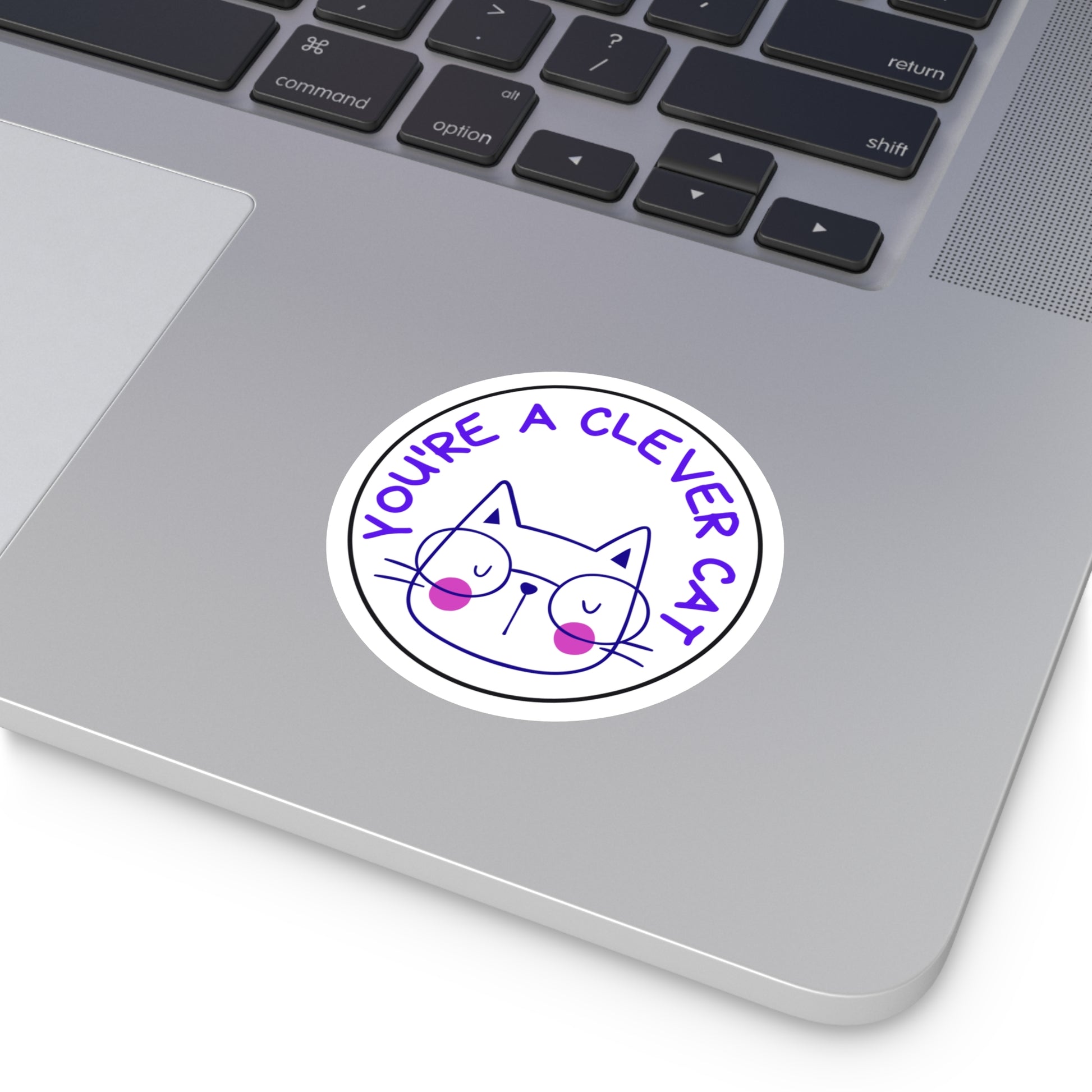Funny indoor outdoor cat sticker with clever cat design on laptop by Printify