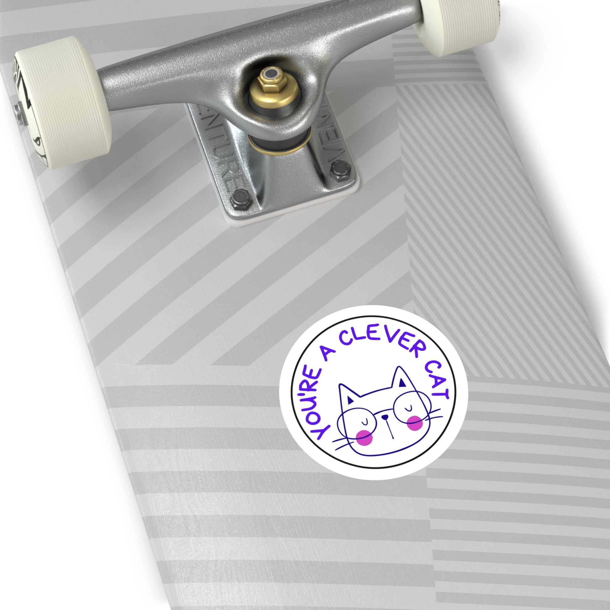 Funny indoor outdoor cat sticker with clever cat illustration on a gray striped skateboard