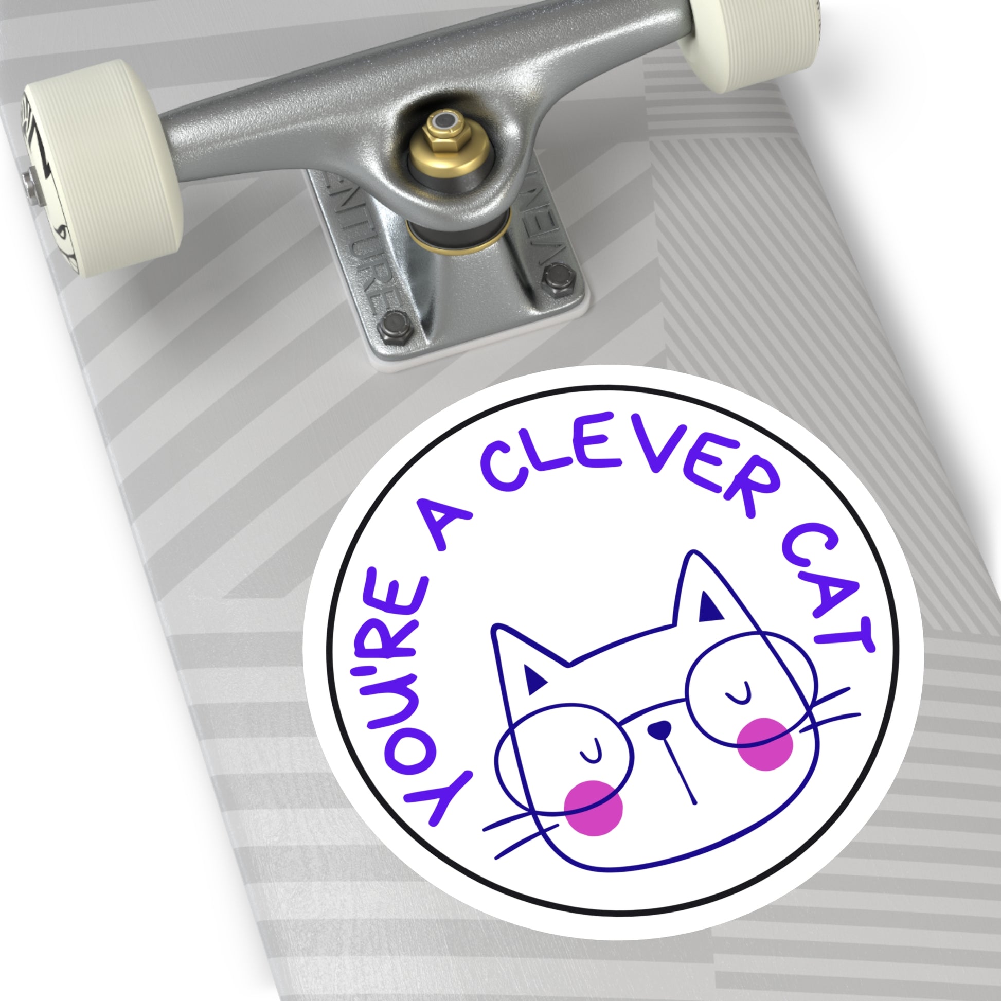 Funny indoor outdoor cat sticker from Printify with clever cat design on skateboard deck