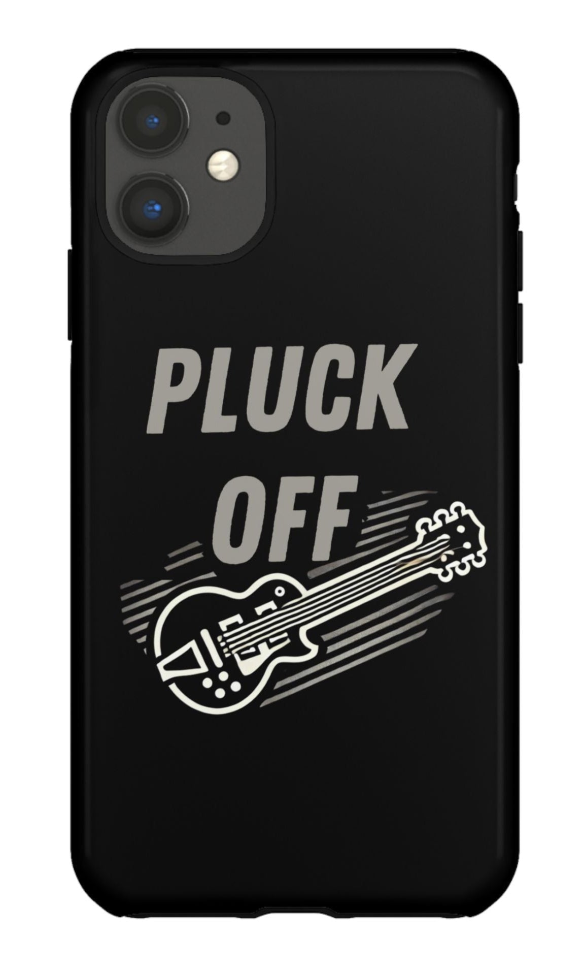 Funny pluck off tough phone case with guitar graphic on a sleek black background