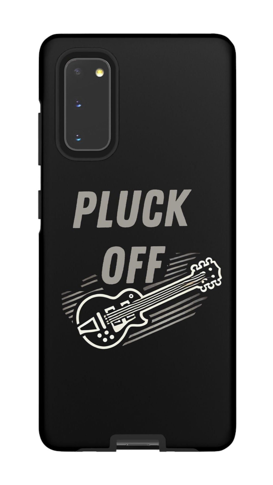 Funny pluck off tough phone case featuring a guitar design on a black background