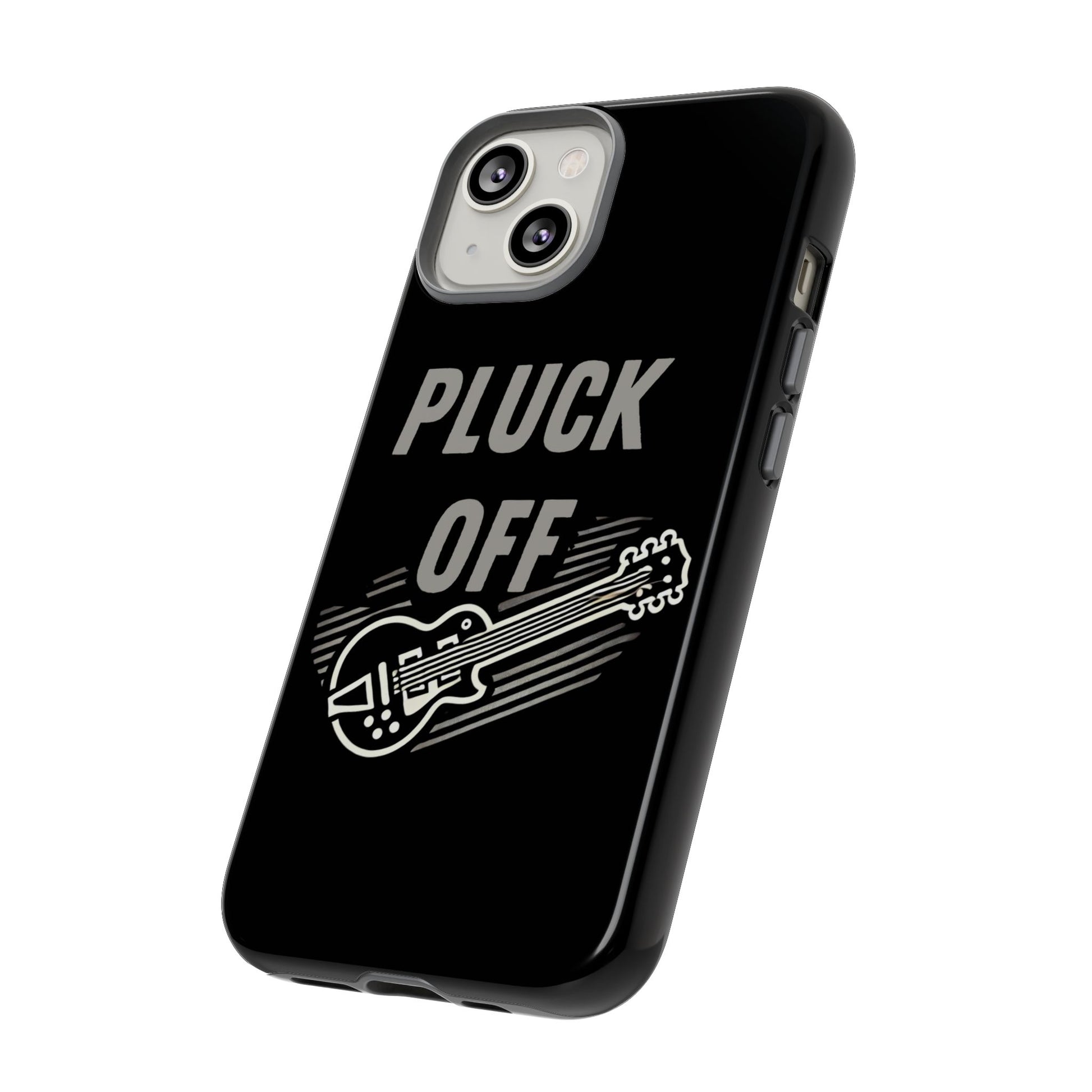 Funny pluck off tough phone case featuring a guitar design on a sleek black background