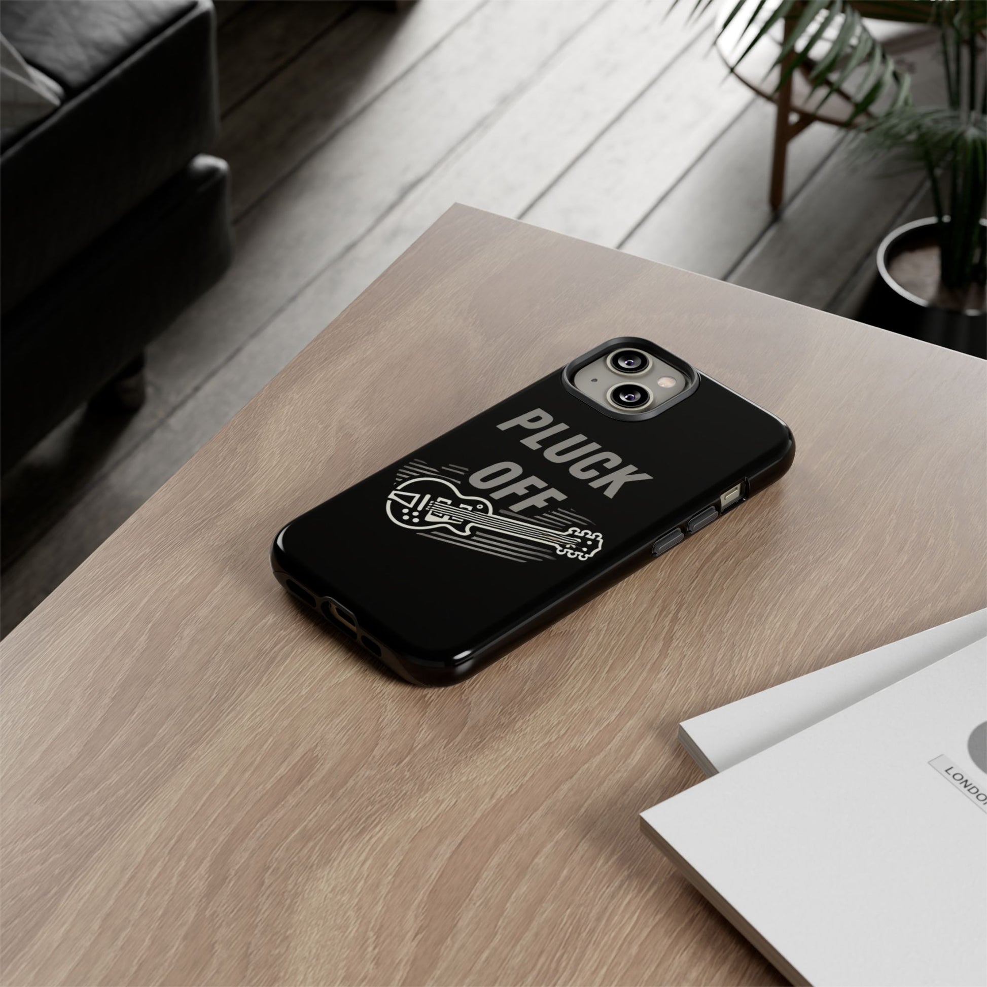 Funny pluck off tough phone case featuring a guitar graphic on a sleek black background