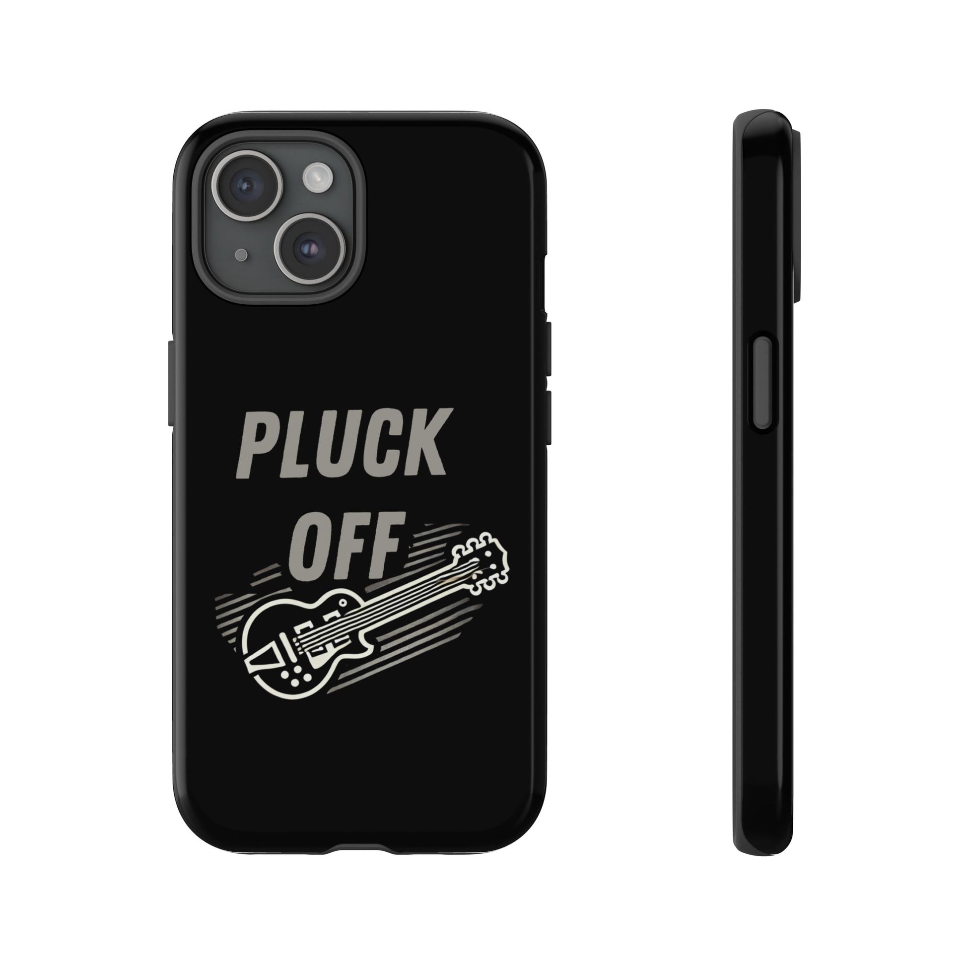 Funny pluck off tough phone case with guitar design on a black background