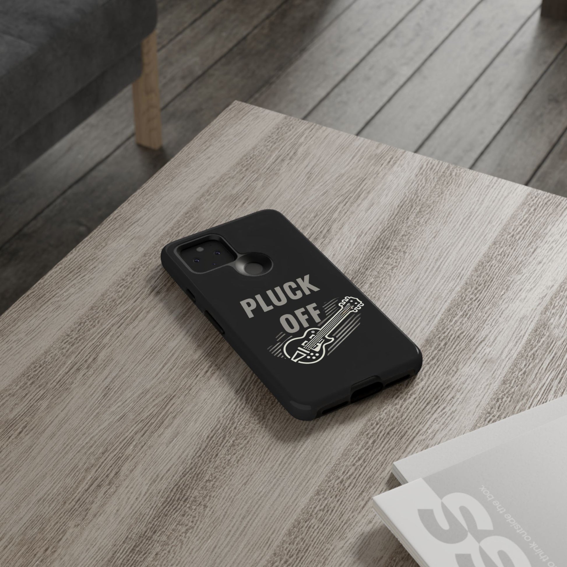 Funny pluck off tough phone case featuring a guitar design on a stylish black background