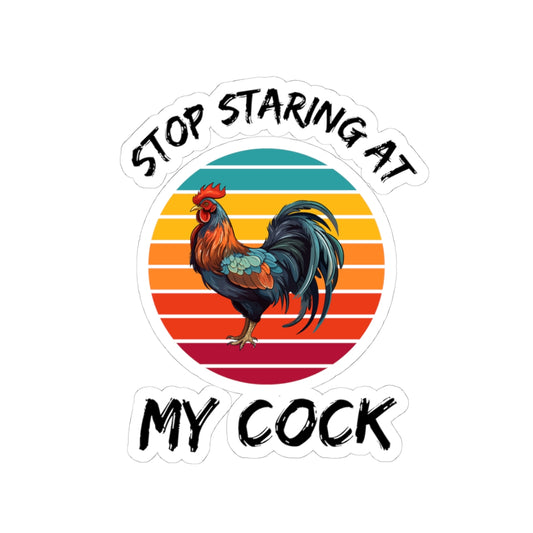 Printify paper sticker featuring colorful rooster and retro stripes with text stop staring at my cock adult meme sticker