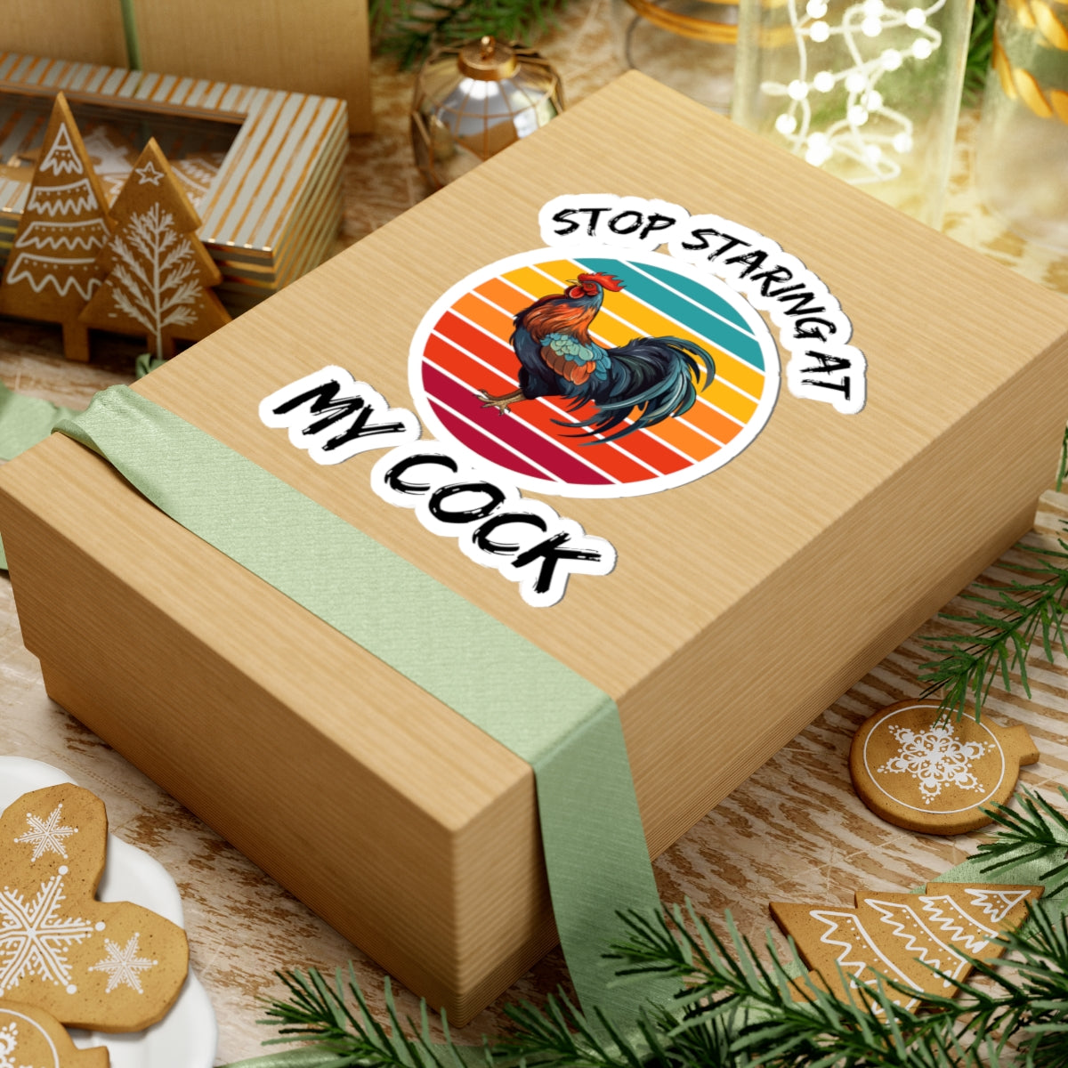 stop staring at my cock adult meme sticker on kraft gift box showing colorful rooster retro sunset design