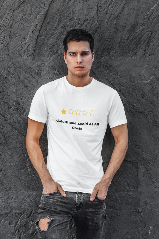 Model wearing Printify white T shirt with one star funny adulthood review t shirt design reading Adulthood Avoid At All Costs