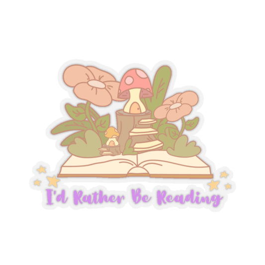 I'd rather be reading cute book lover sticker featuring an open book with mushrooms and flowers design