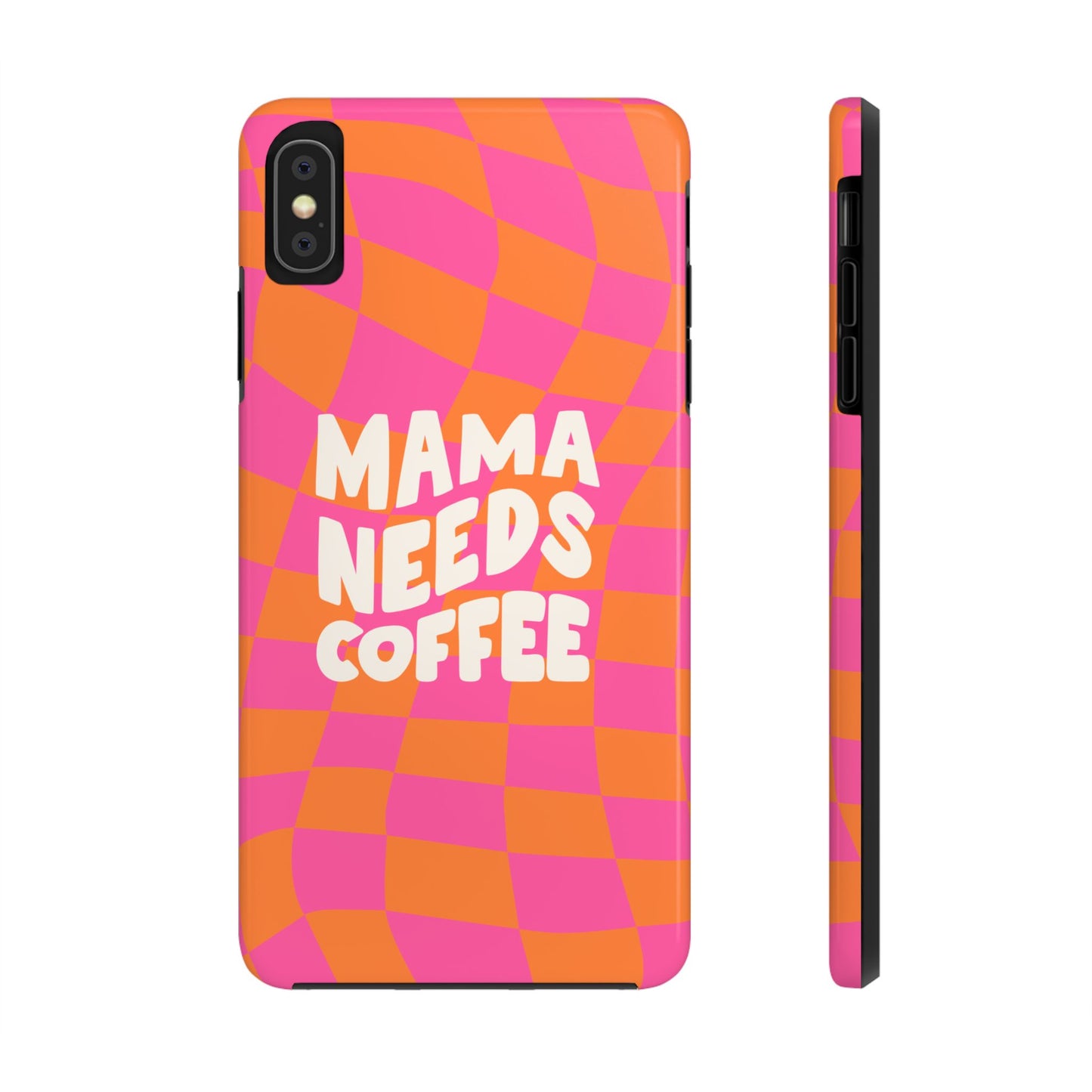 Printify mama needs coffee funny phone case with bright orange and pink wavy checkerboard design