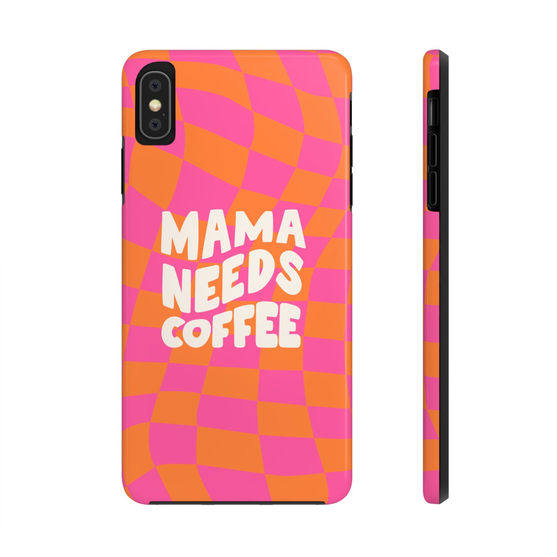 Printify mama needs coffee funny phone case with bright orange and pink wavy checkerboard design