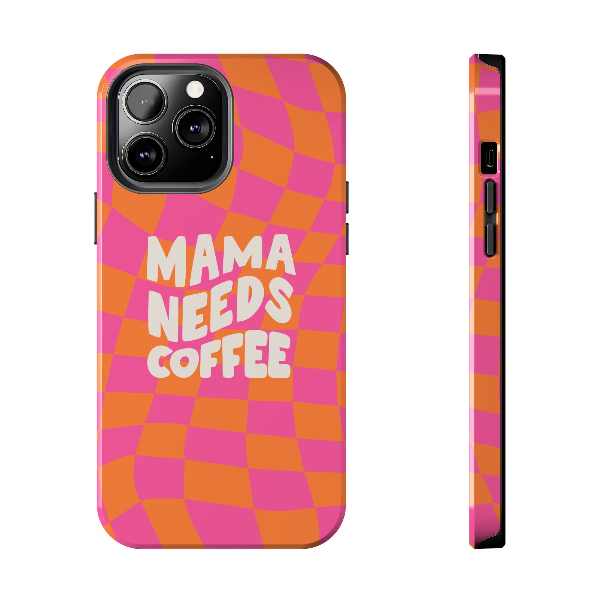 Printify mama needs coffee funny phone case with pink and orange checkered design for the iPhone