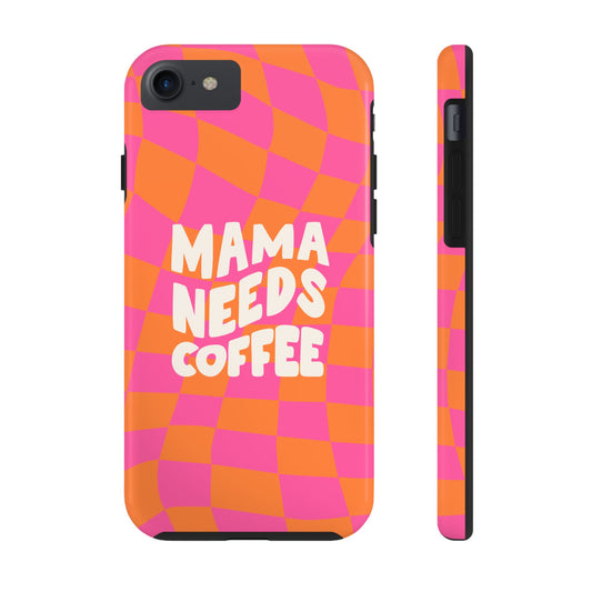 Printify mama needs coffee funny phone case with pink and orange checkered pattern 