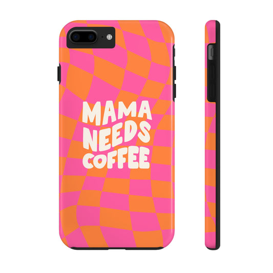 Printify mama needs coffee funny phone case with orange and pink checkered pattern