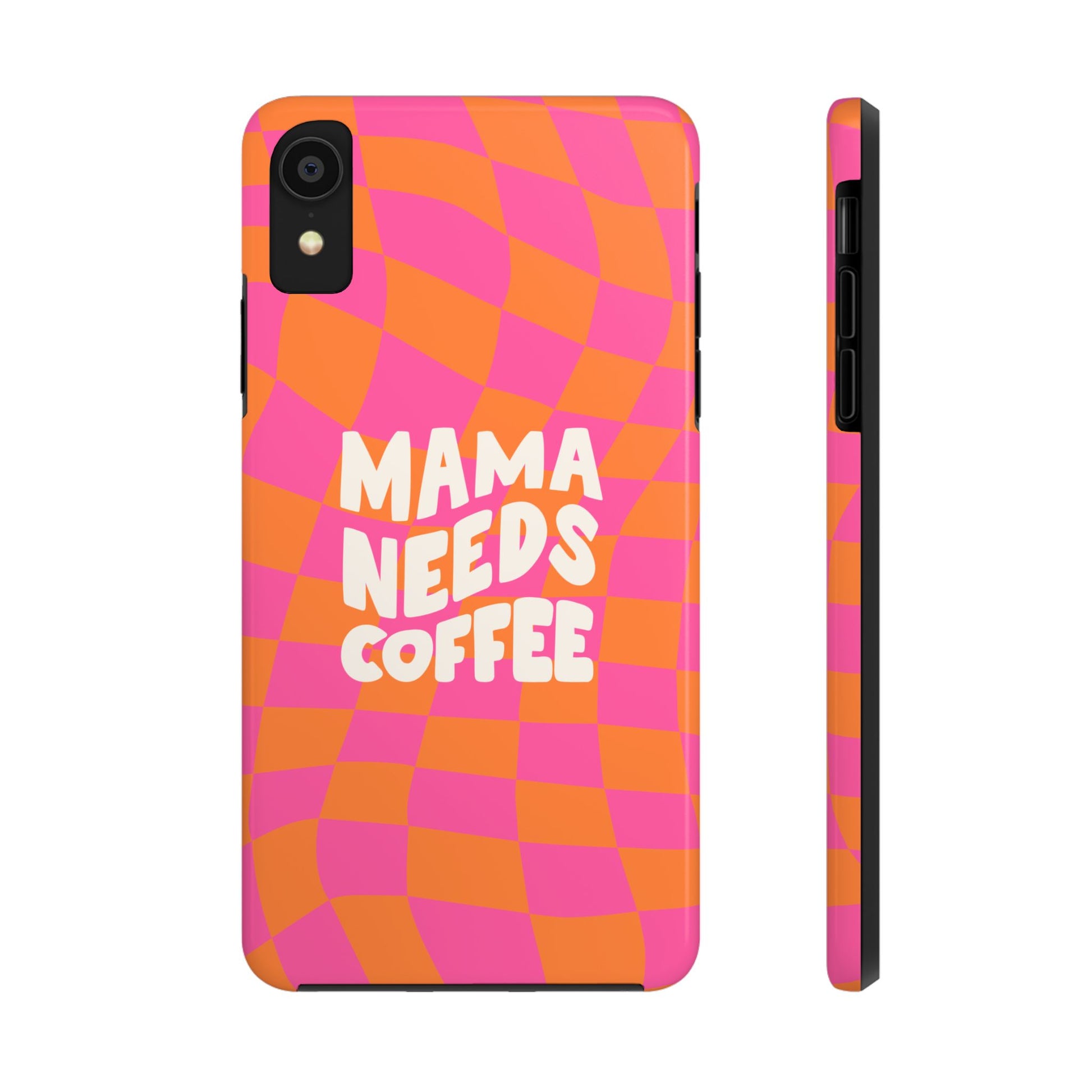 Printify mama needs coffee funny tough phone case with pink and orange checkered pattern