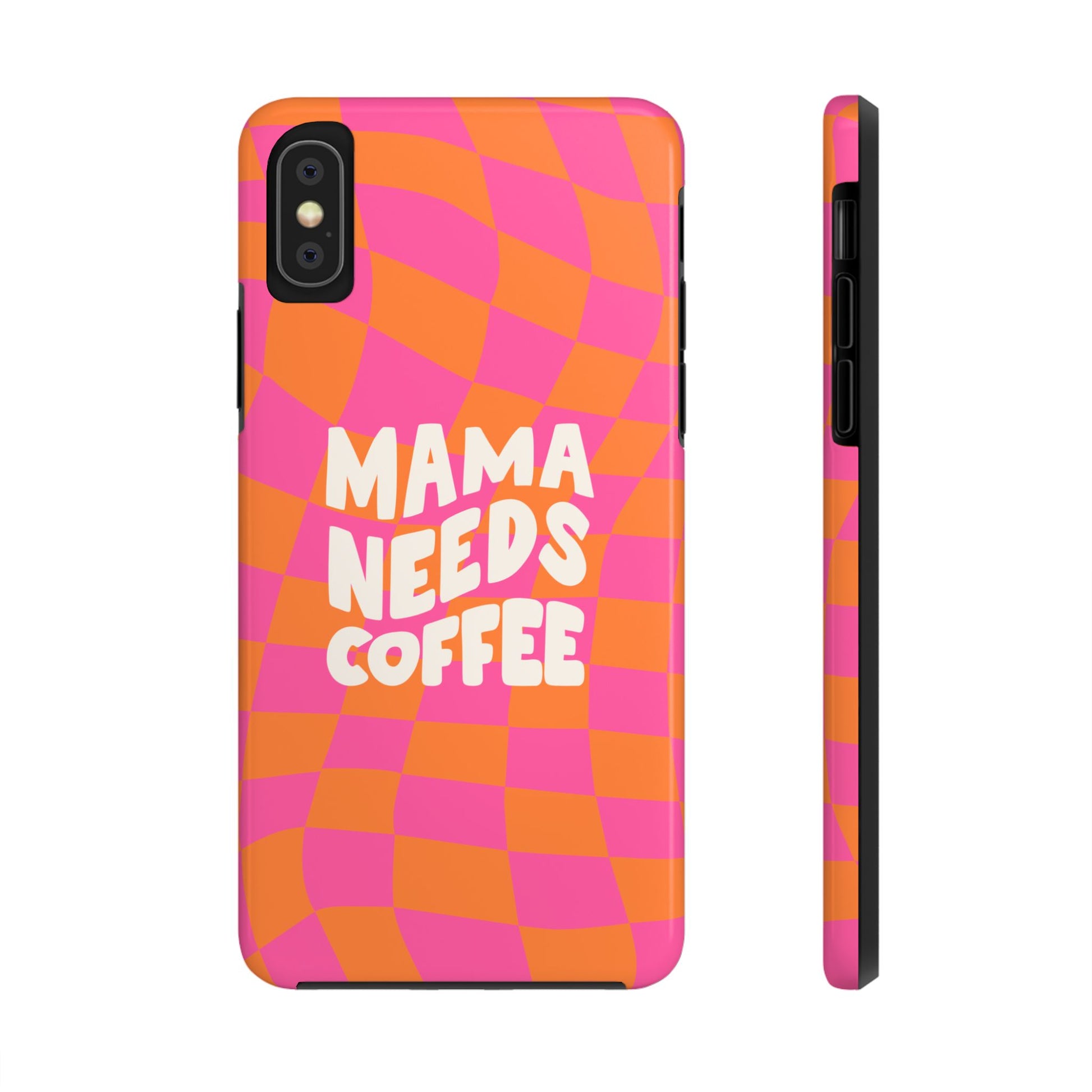 Printify mama needs coffee funny phone case with pink and orange wavy checkered design