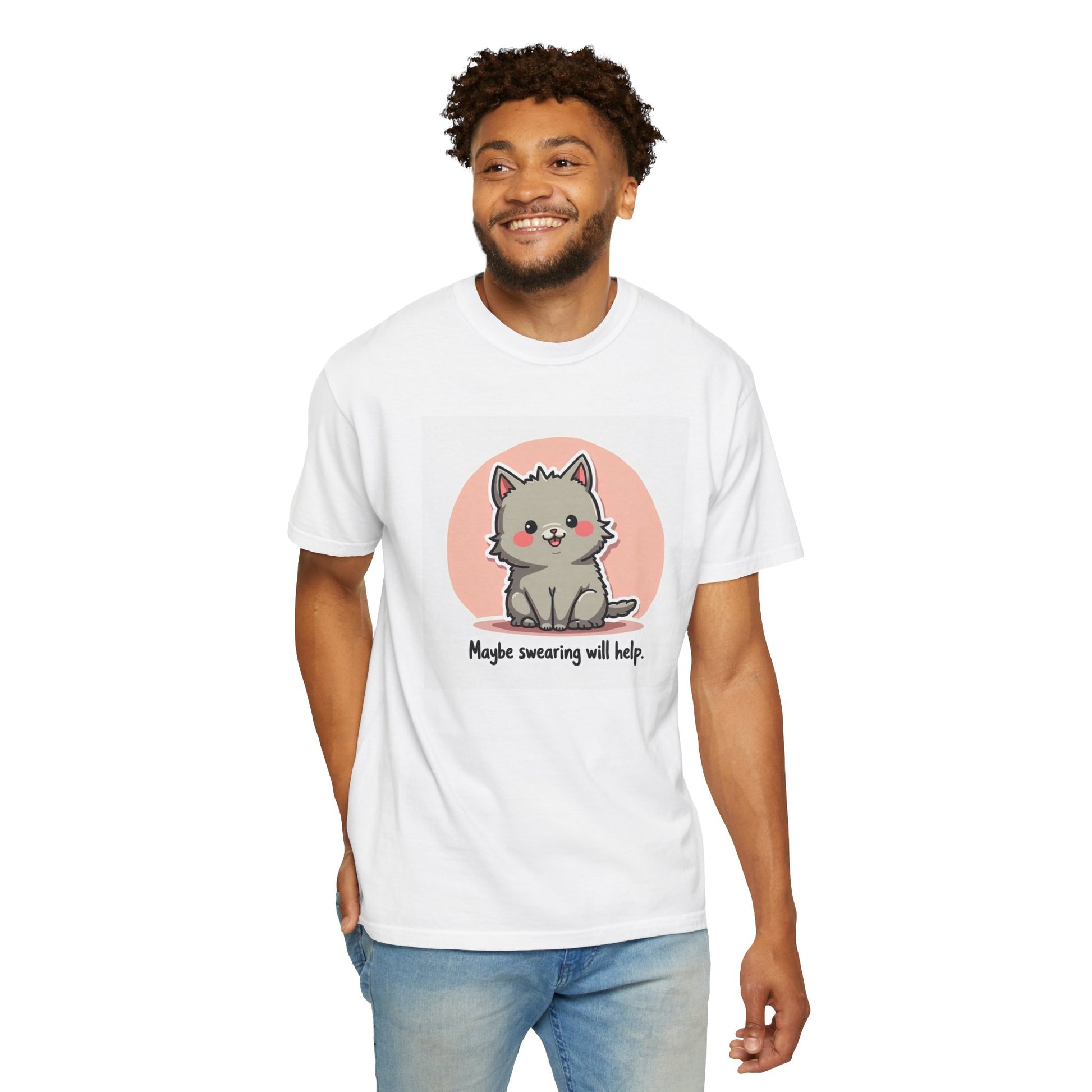 Printify white T shirt with a cute gray kitten graphic and the slogan cute cat maybe swearing will help shirt.