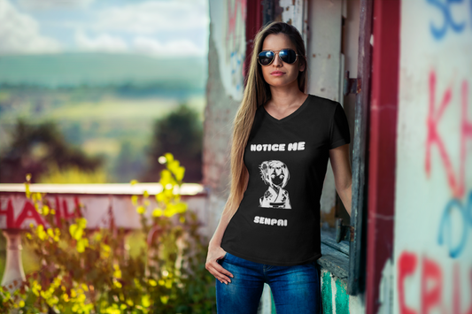 Printify T shirt with anime meme notice me senpai clothing for adults black graphic tee worn by woman outdoors